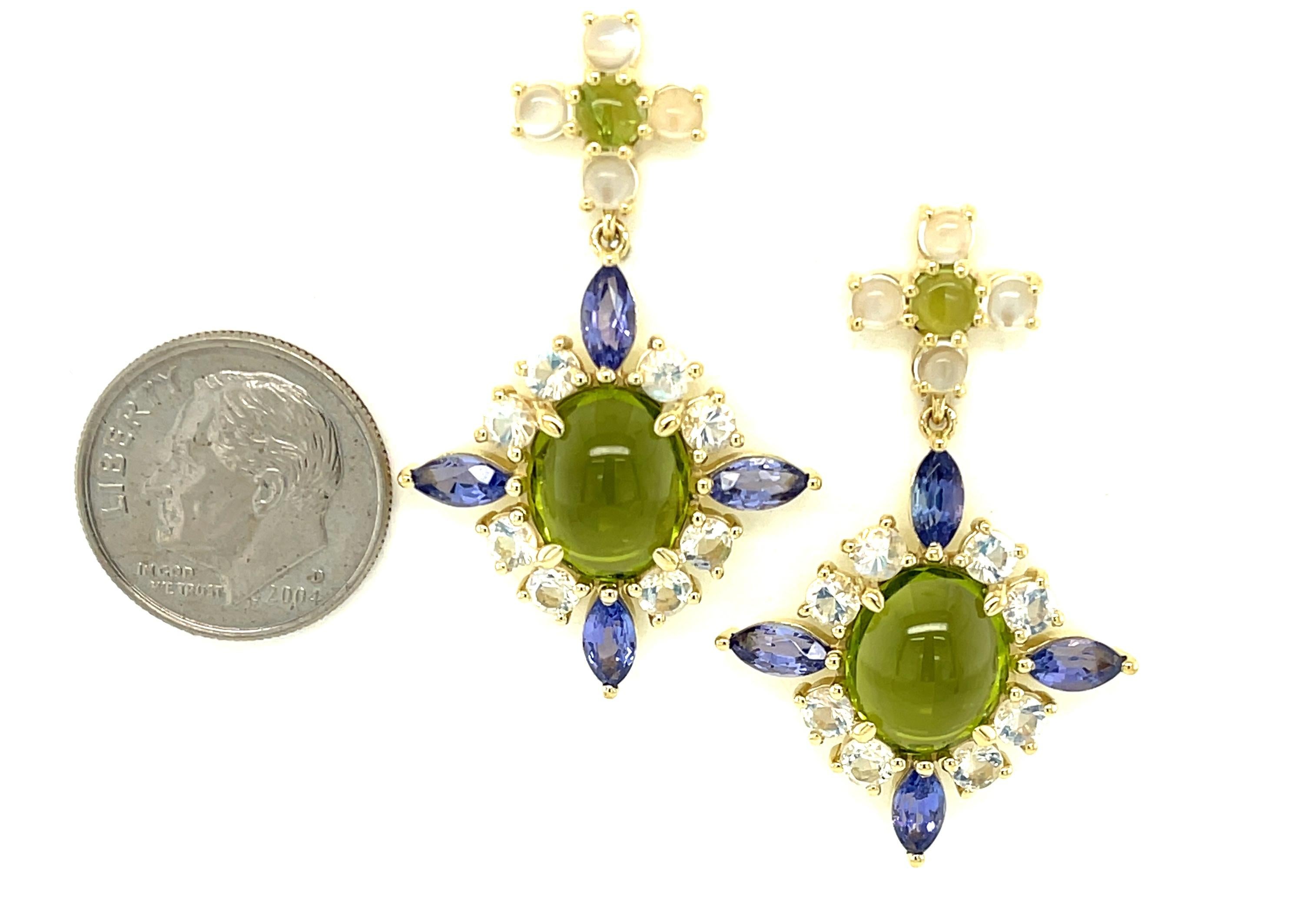 Peridot, Moonstone and Tanzanite Dangle Earrings in Yellow Gold 3