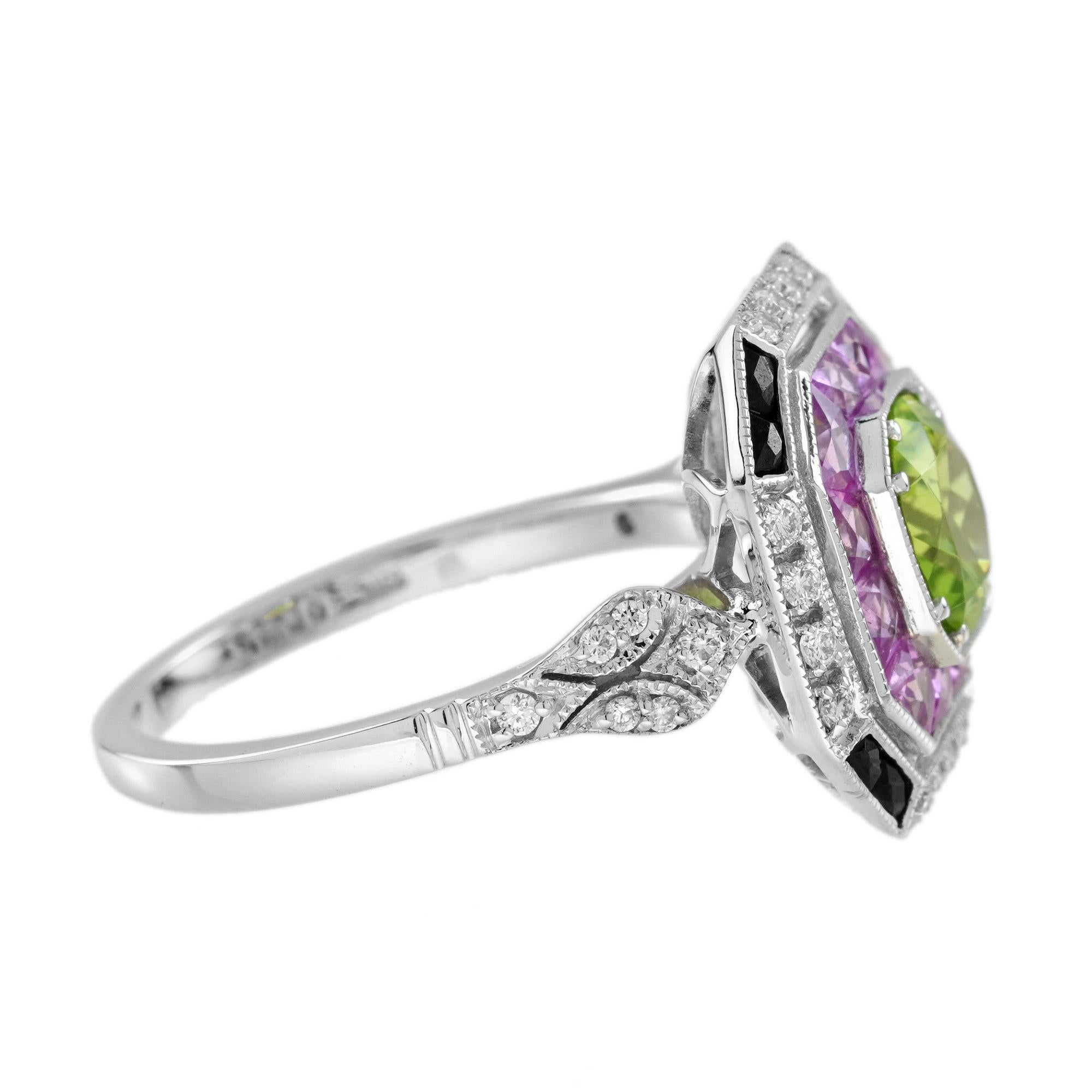 Taglio rotondo Anello in stile Art Deco con peridoto e pietre multiple in oro bianco 18 carati in vendita