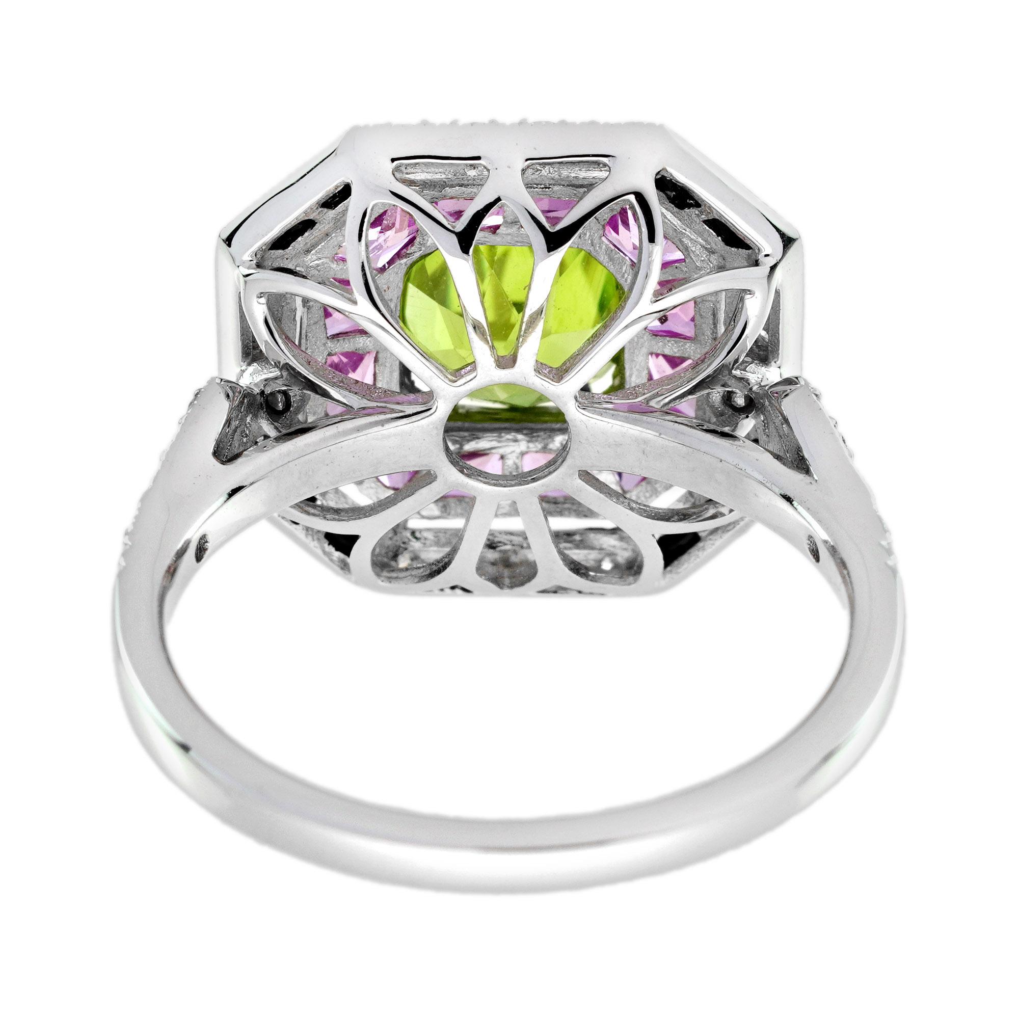 Anello in stile Art Deco con peridoto e pietre multiple in oro bianco 18 carati In condizioni Nuovo in vendita a Bangkok, TH