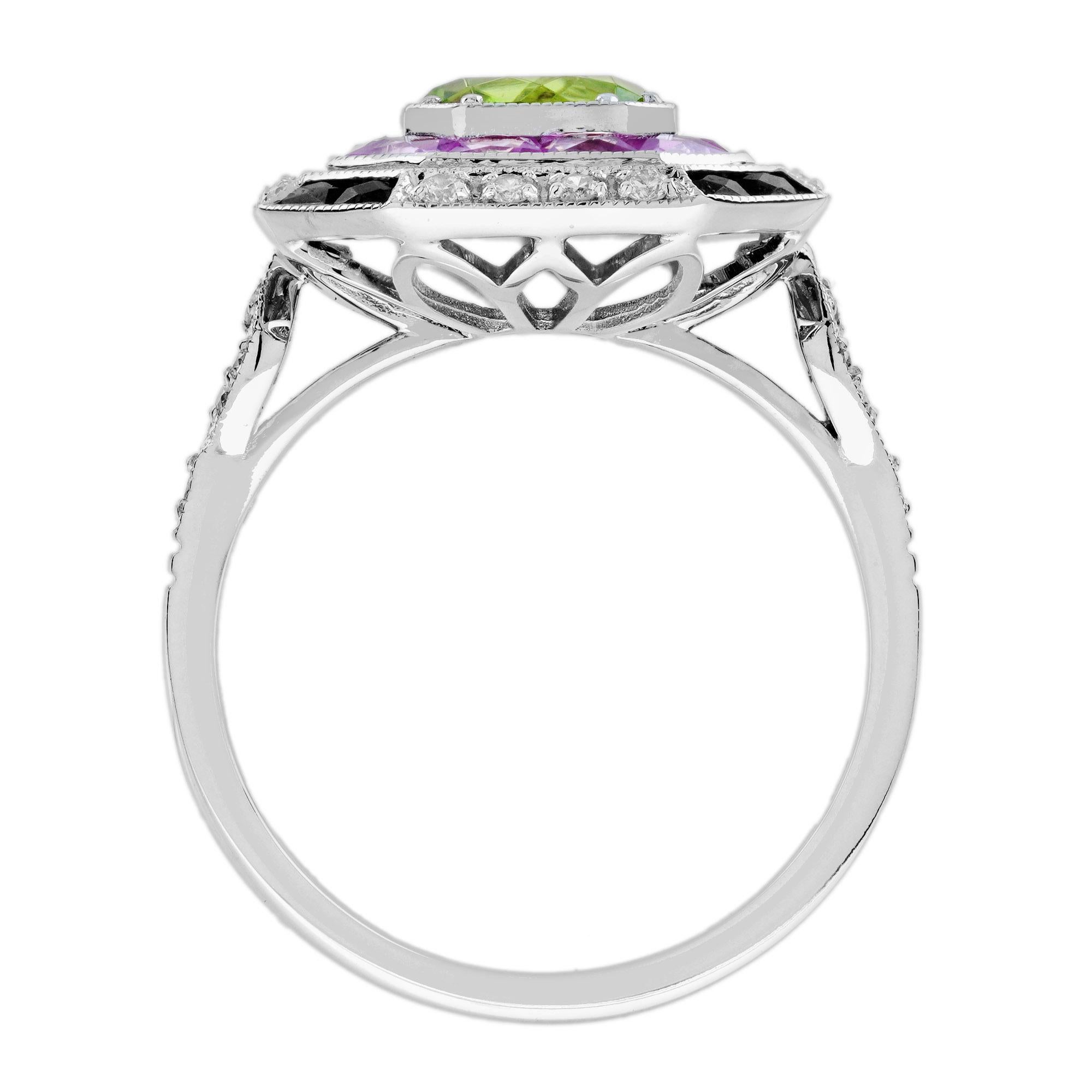 Donna Anello in stile Art Deco con peridoto e pietre multiple in oro bianco 18 carati in vendita