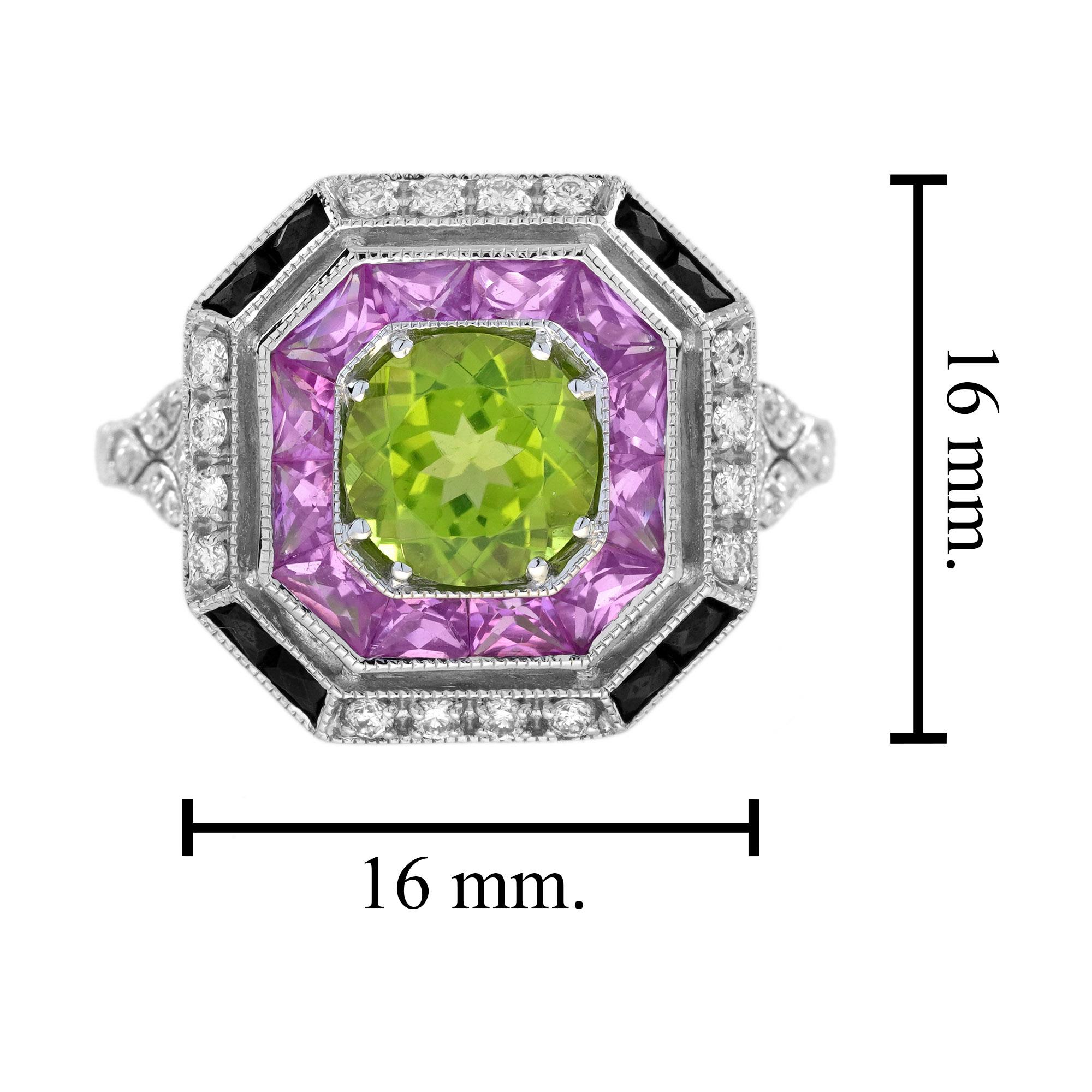 Anello in stile Art Deco con peridoto e pietre multiple in oro bianco 18 carati in vendita 1