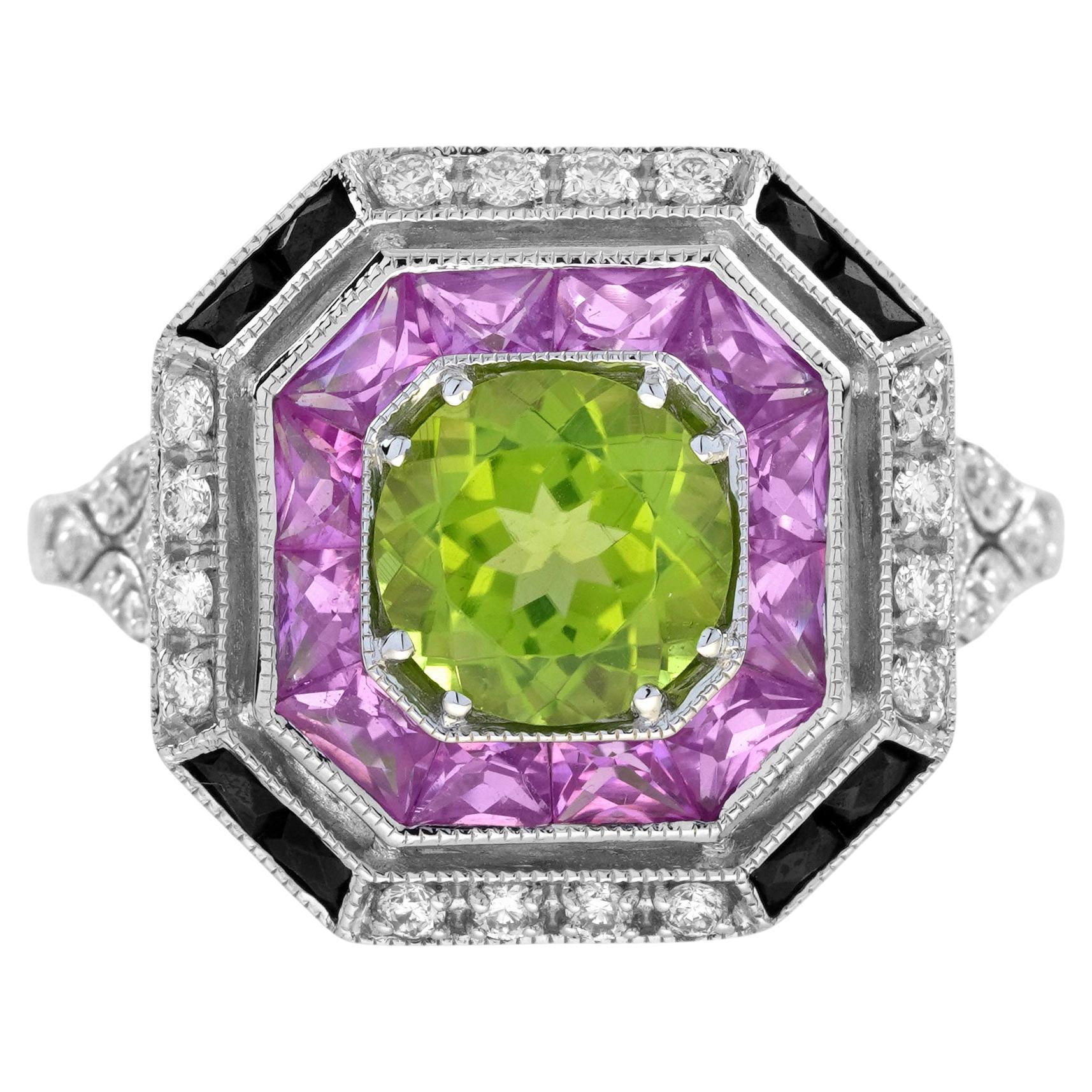 Peridot Multi Gemstone Art Deco Style Ring in 18K White Gold
