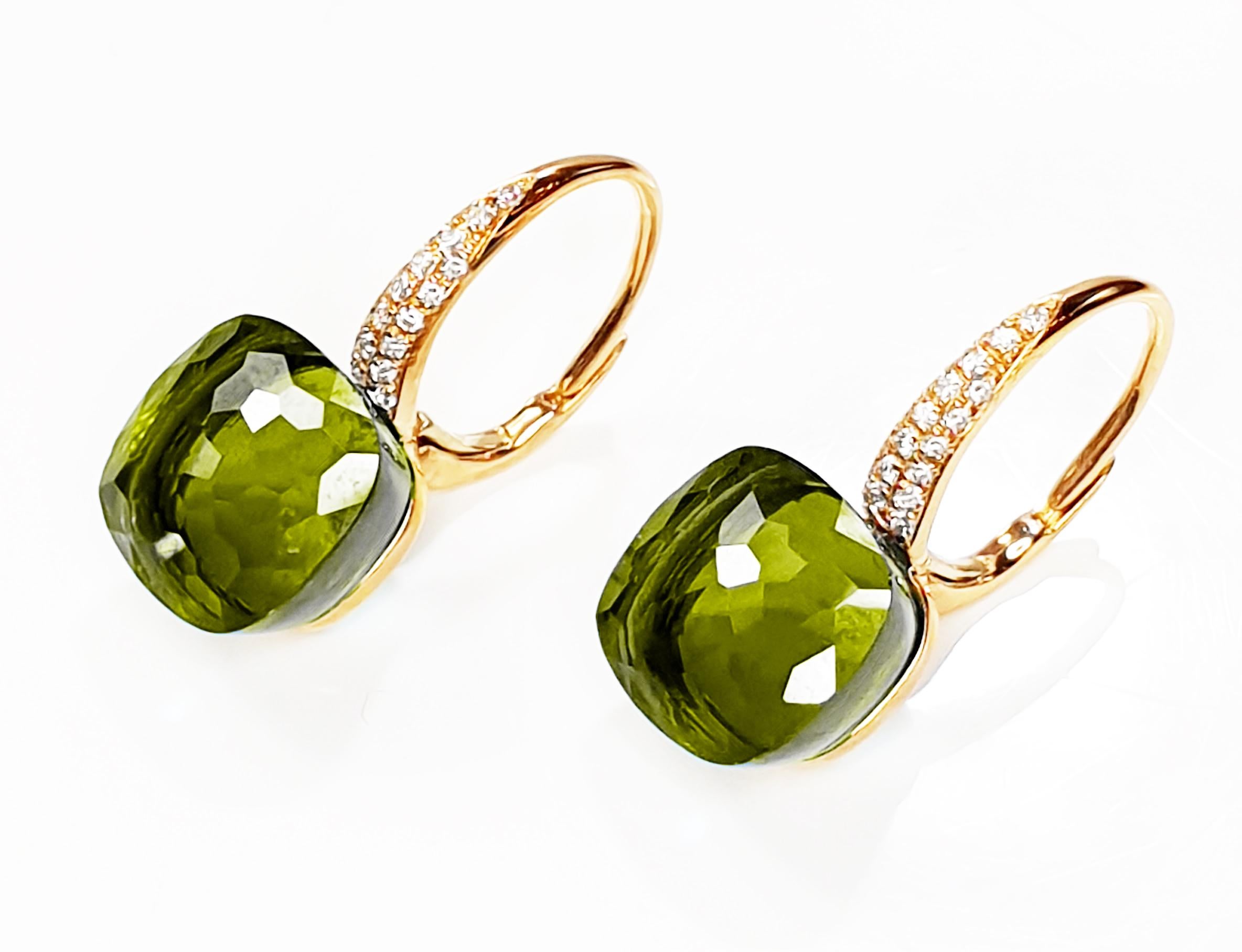 Contemporaneo Orecchini pendenti in oro rosa 18 carati con peridoto sfaccettato e pavée di diamanti in vendita
