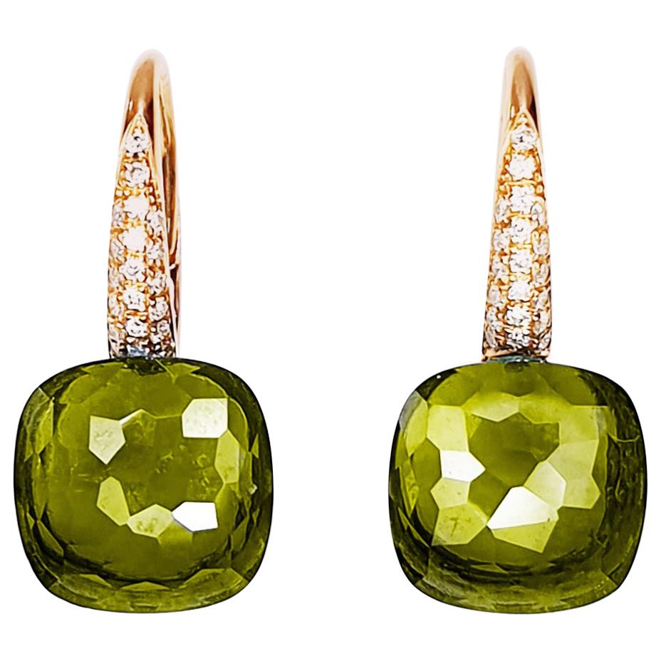 Pendientes colgantes de oro rosa de 18 quilates con peridoto multifacético y pavé de diamantes