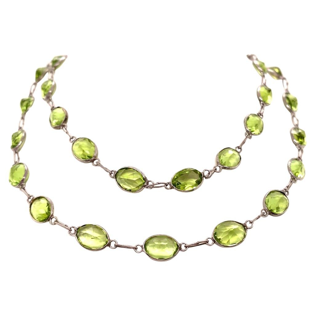 Peridot Necklace in Spectacle Setting in 18K White Gold For Sale