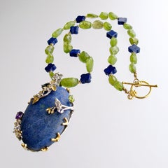 Peridot Nuggets Quatrefoil Lapis Foliate Pendant Necklace, Avery Necklace