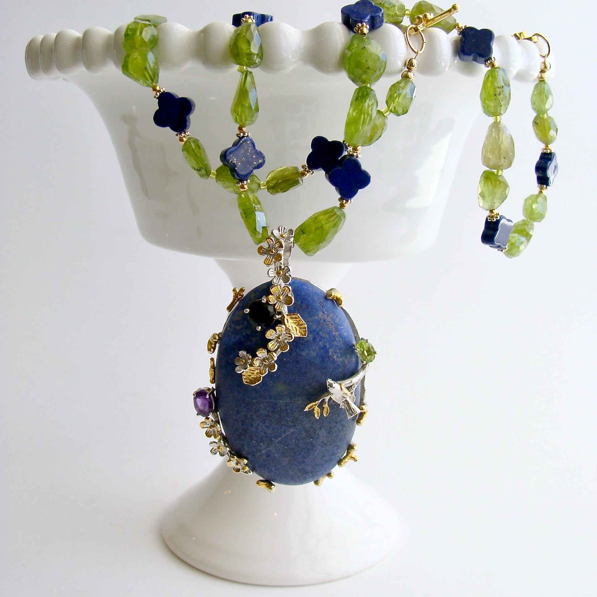 Peridot Nuggets Quatrefoil Lapis Foliate Pendant Necklace, Avery Necklace In New Condition In Colleyville, TX