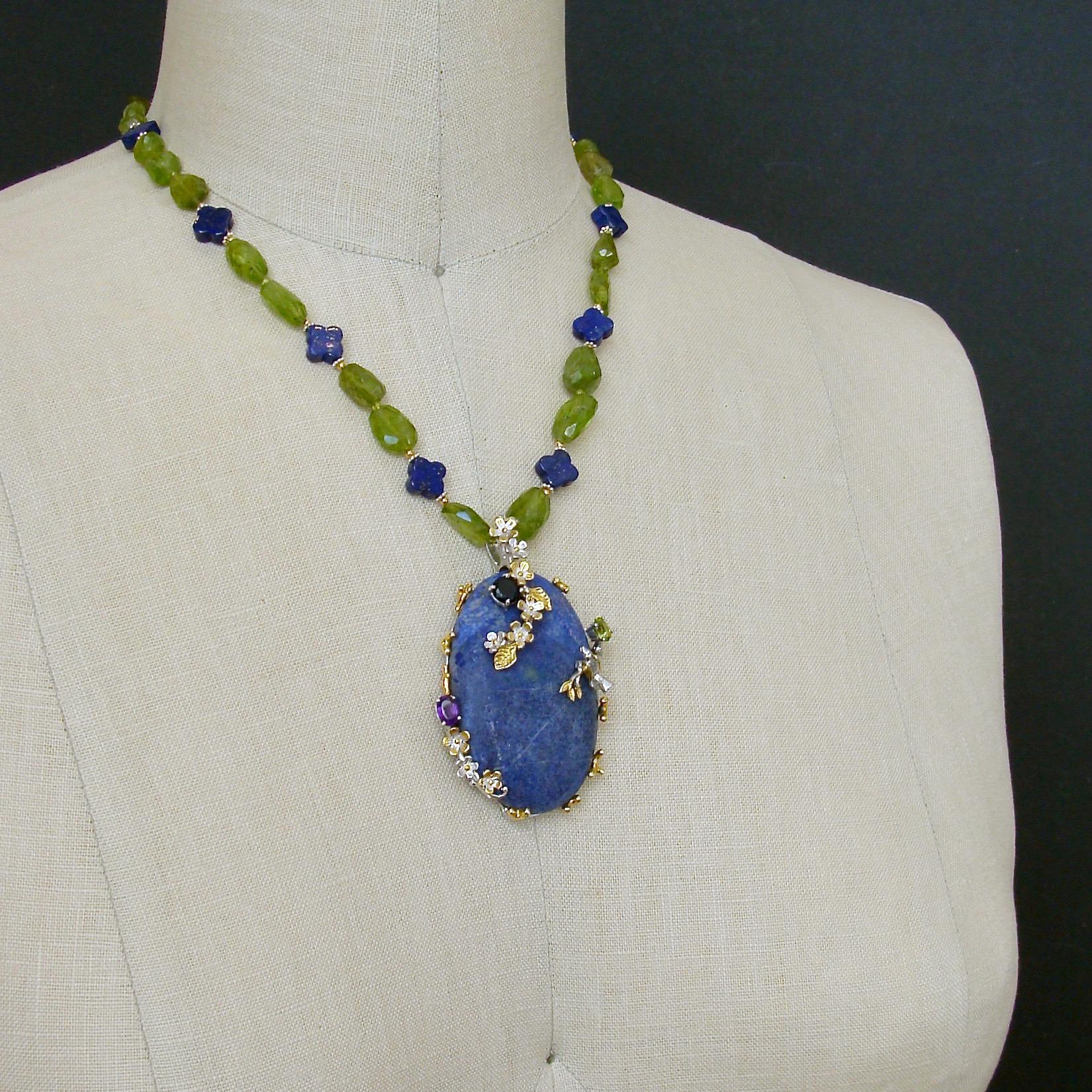 Peridot Nuggets Quatrefoil Lapis Foliate Pendant Necklace, Avery Necklace 2