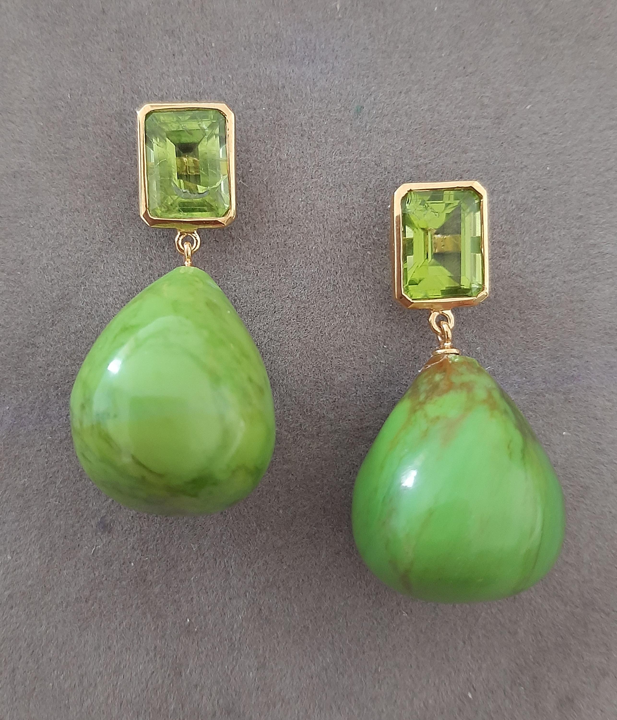 Péridot Octogone Turquoise verte du Turkménistan Gouttes  Or jaune massif 14k en vente 7