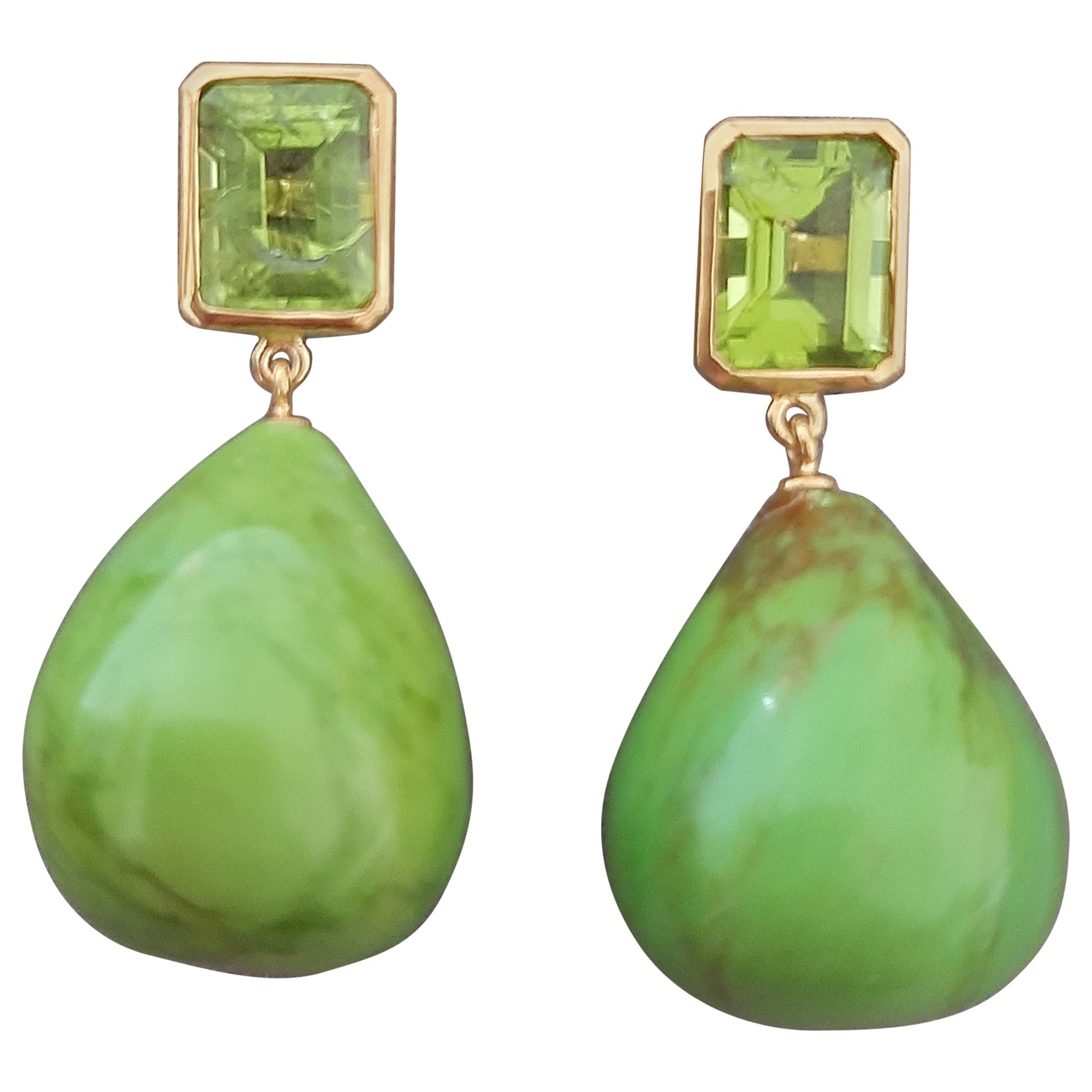 Peridot Octagon Shape Turkmenistan Green Turquoise Drops  14k Solid Yellow Gold For Sale