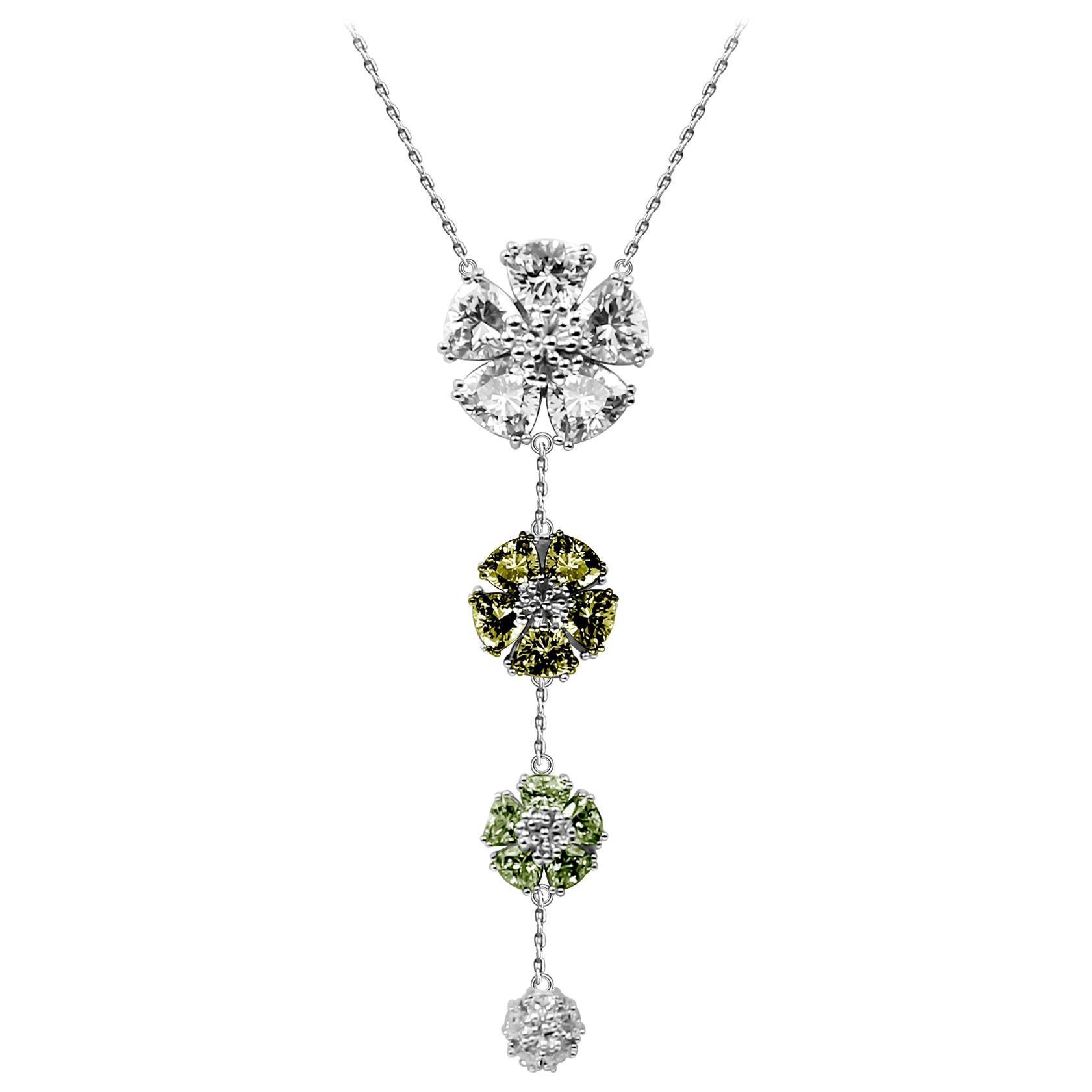 White Topaz Olive Green & Green Amethyst Graduated Blossom Stone Lariat Necklace