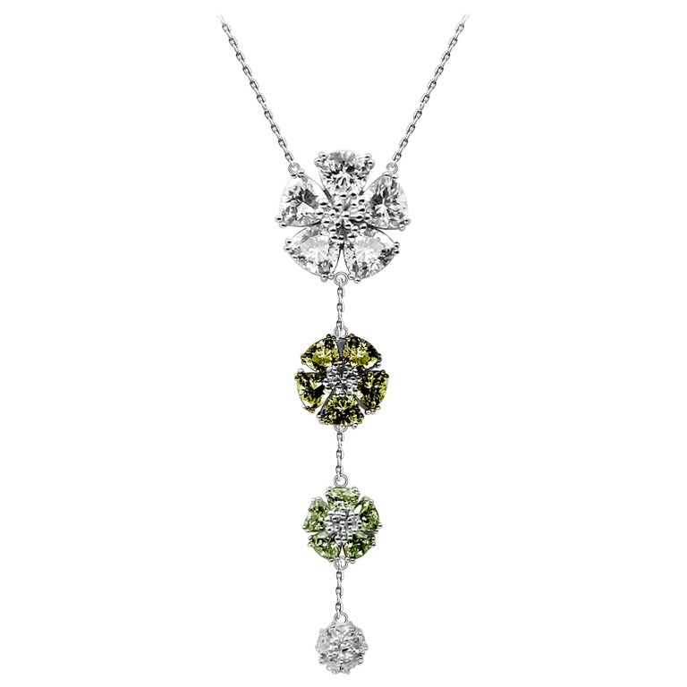 White Topaz Olive Green & Green Amethyst Graduated Blossom Stone Lariat Necklace For Sale