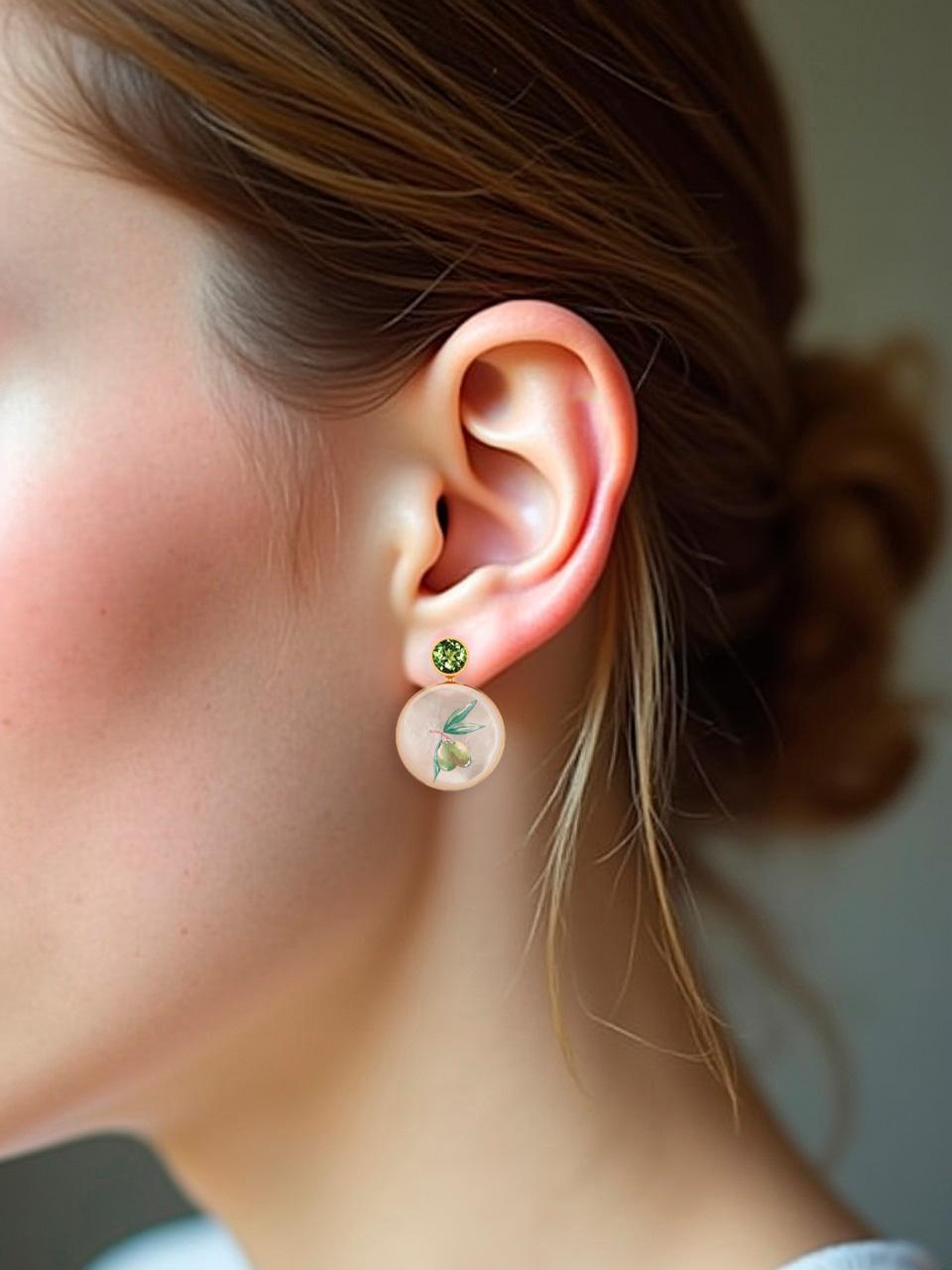 Mother Of Pearl Shell Stud Earrings with peridot, olive tree drawing. Handmade Paint Flower Shell Earrings with peridot. Beach Wedding bridal stud earrings Mother of pearl beach earrings. Shell paint earrings. Wearable art earrings studs. Round