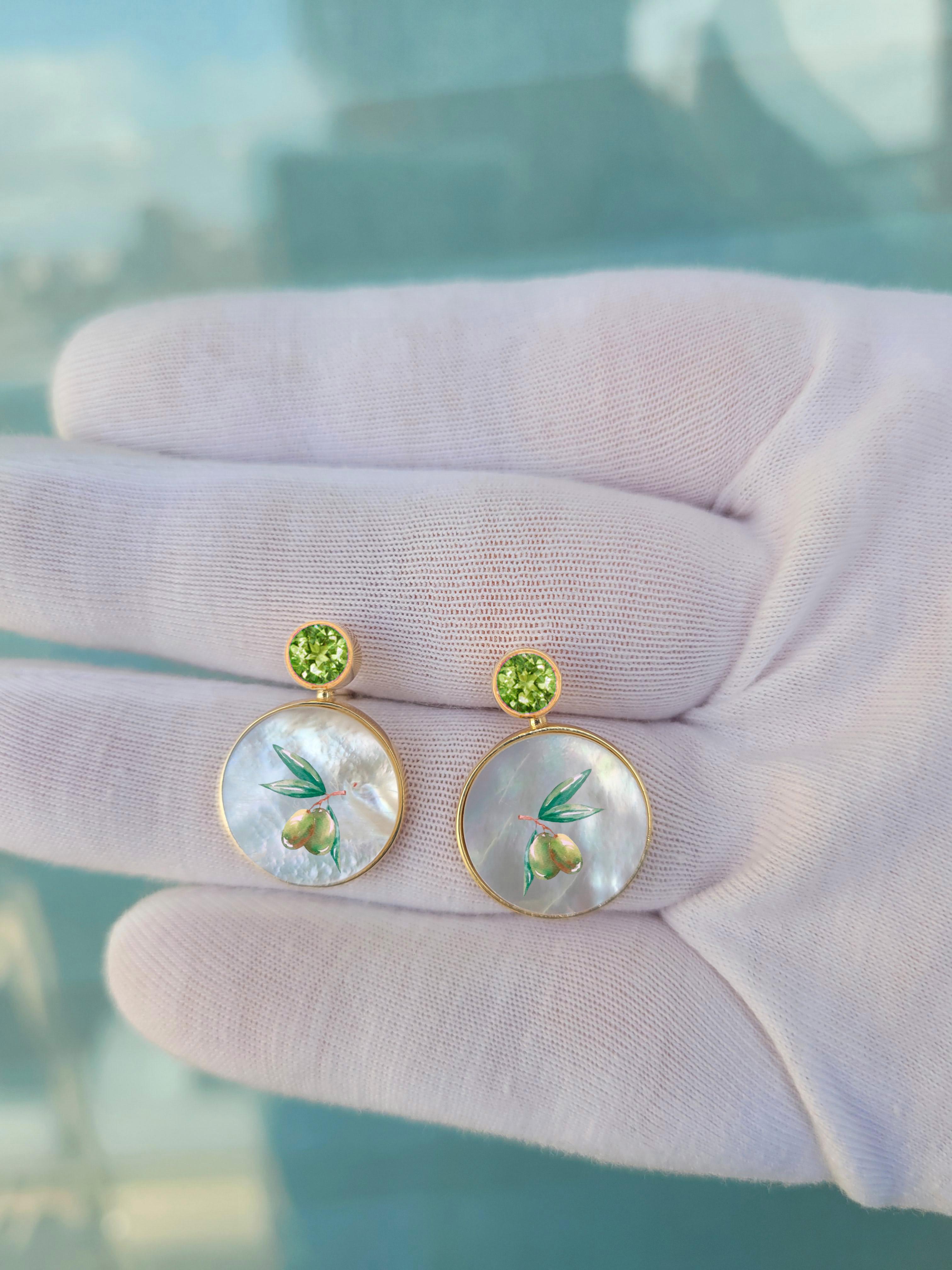 Round Cut Peridot, olive tree painting, Mother of pearl earrings studs. For Sale