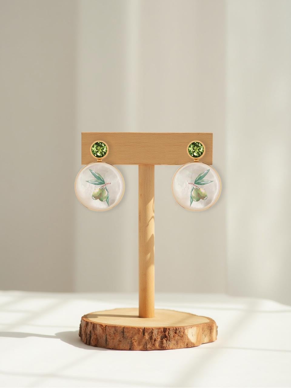 Women's or Men's Peridot, olive tree painting, Mother of pearl earrings studs. For Sale