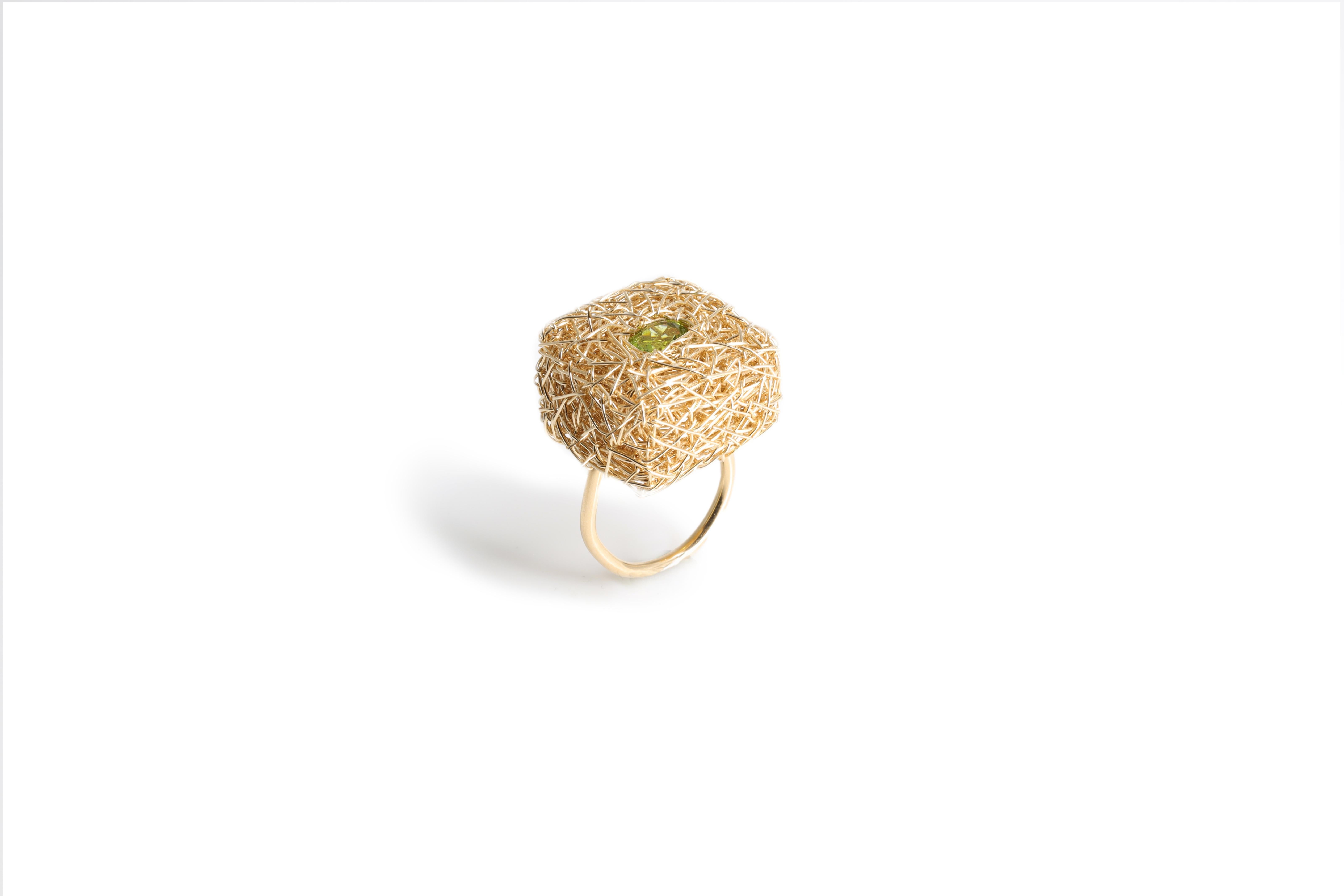 Faceted green Peridot square style one-of-a-kind Ring by the artist For Sale 2