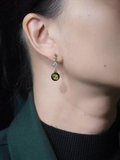 Peridot Onyx Diamond Art Deco Dangle Earrings in 9K Yellow Gold
