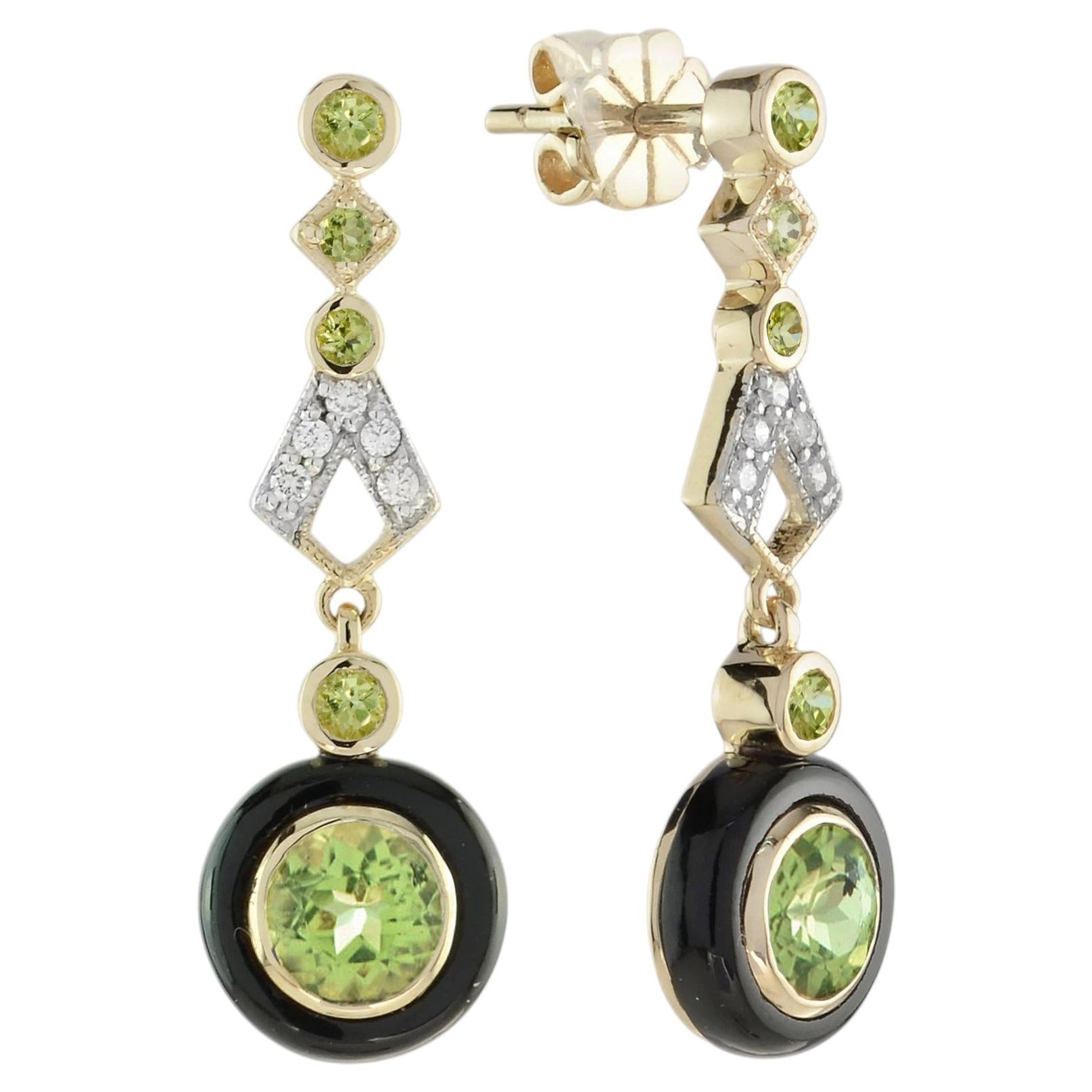 Peridot Onyx Diamond Art Deco Dangle Earrings in 9K Yellow Gold