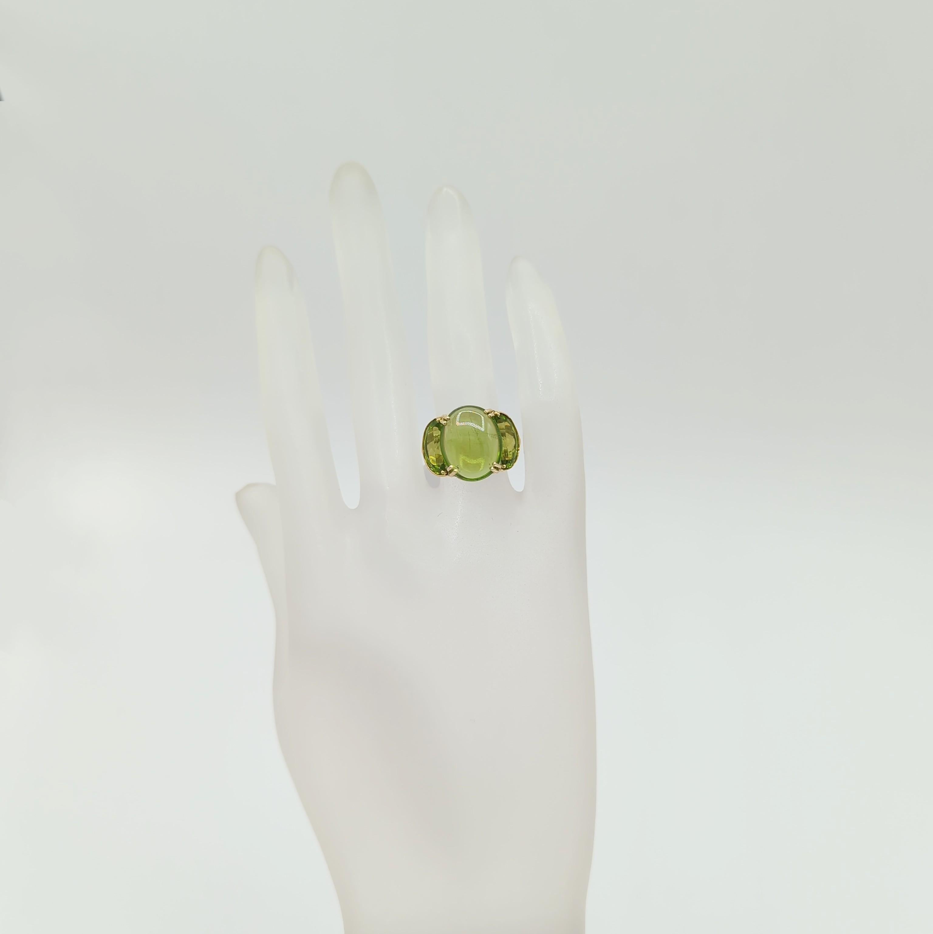 Oval Cut Peridot Oval Cabochon Three Stone Ring in 18K Yellow Gold For Sale