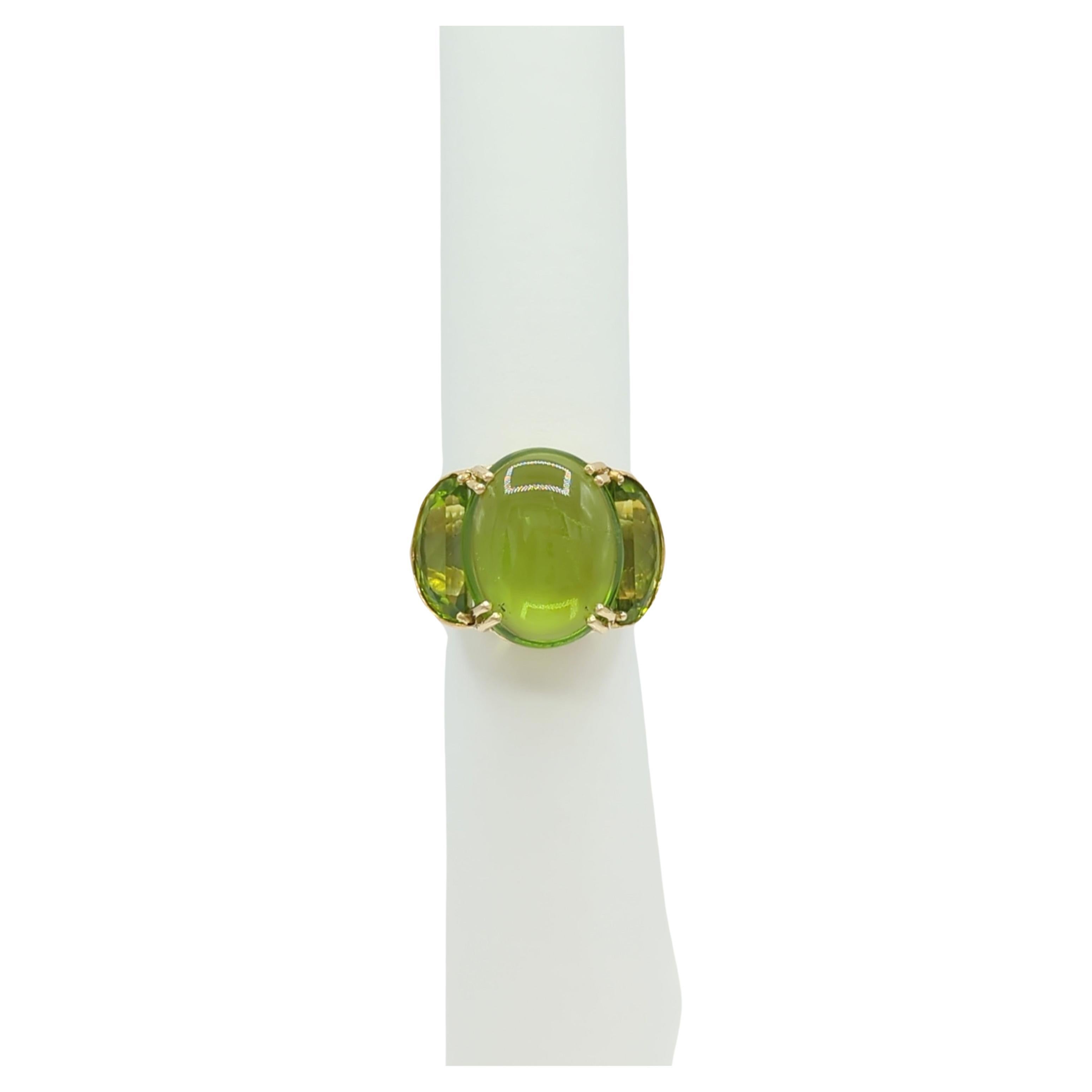 Peridot Oval Cabochon Three Stone Ring in 18K Yellow Gold For Sale
