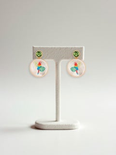 Peridot, parrot painting, Mother of pearl earrings studs.