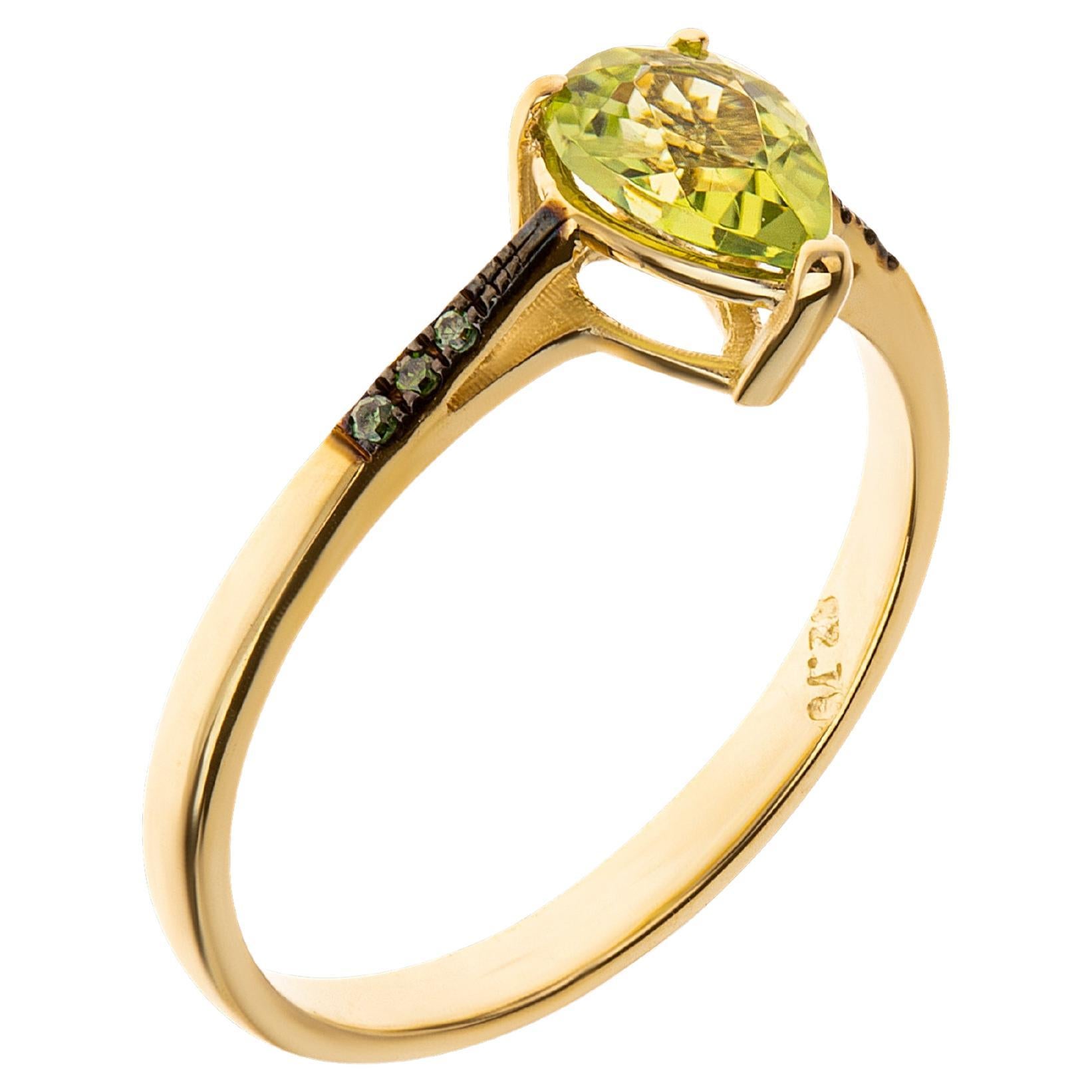 Peridot Pear Cut Ring with Green Diamonds Brilliant Cut Pave Setting 18Kt Gold For Sale