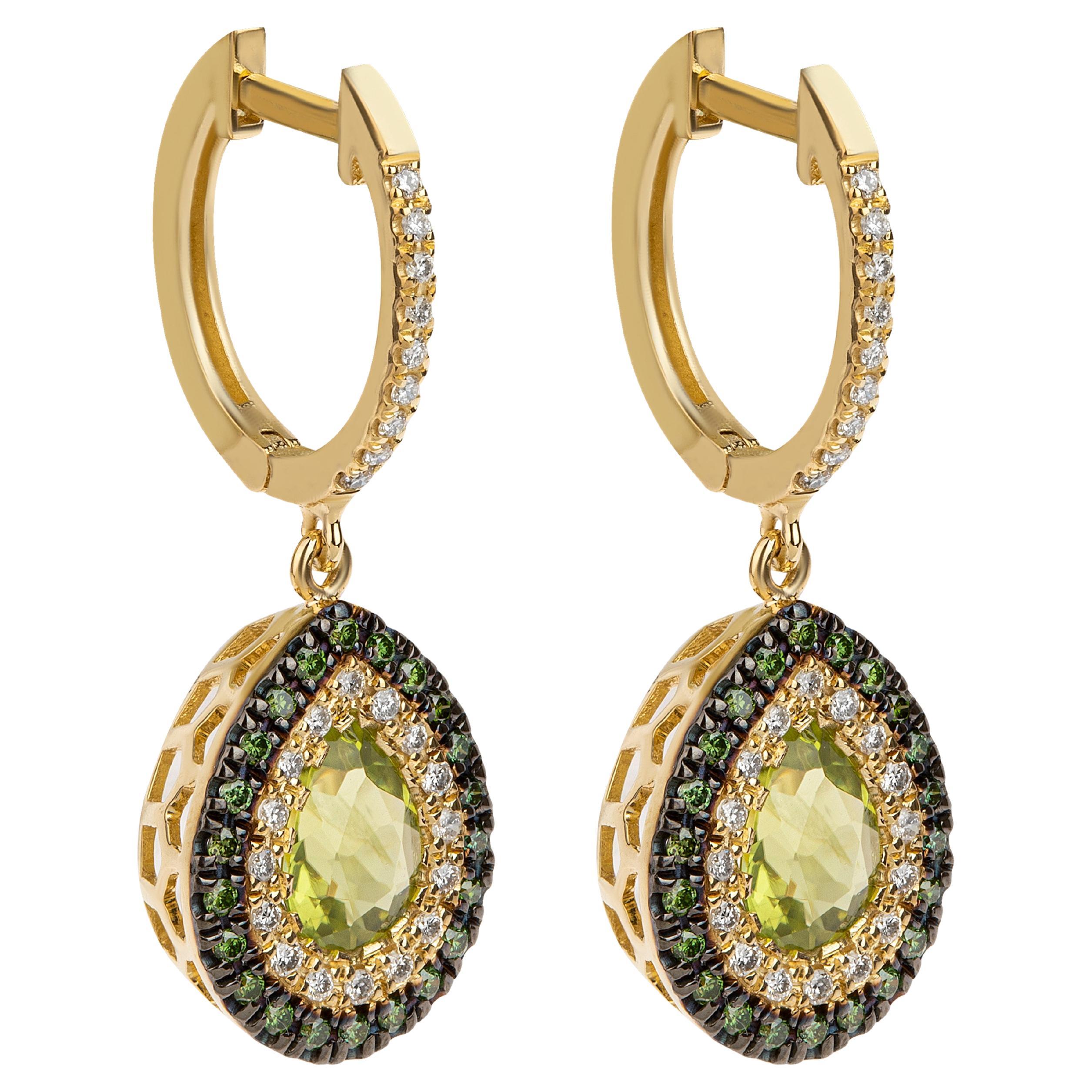 Peridot Pear Shape Earrings 18Kt Yellow Gold with Blue and White Pave Diamonds