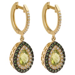 Peridot Pear Shape Earrings 18Kt Yellow Gold with Blue and White Pave Diamonds