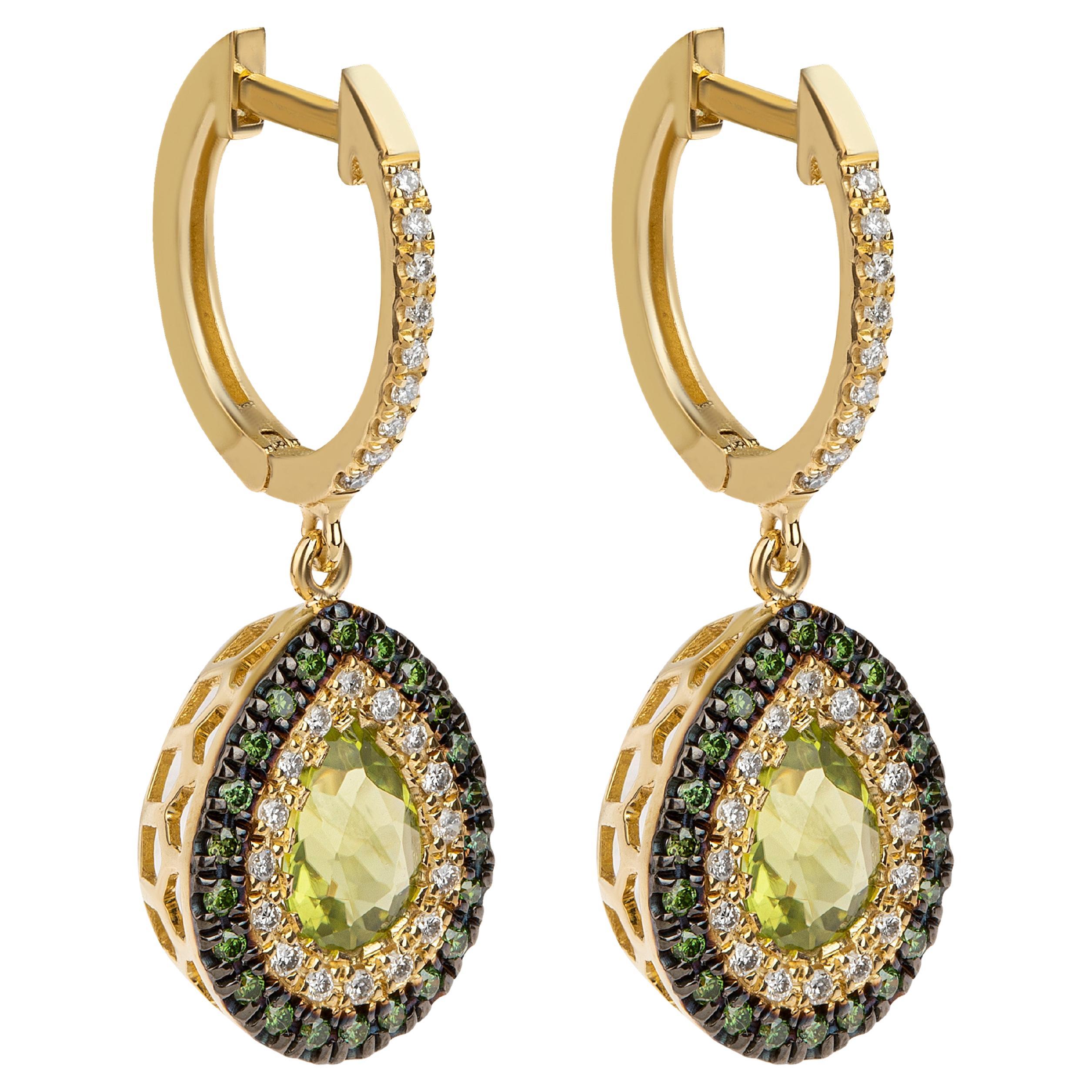 Pendientes Peridoto Forma Pera Oro Amarillo 18Kt con Diamantes Pavé Azul y Blanco en venta
