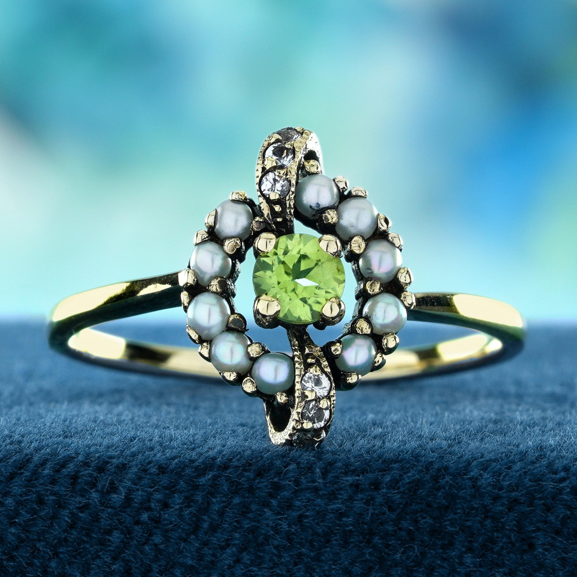 The Natural Peridot, Pearl, and White Topaz Vintage Style Cluster Ring features a stunning peridot at its center, radiating a vibrant lime green hue. This captivating gemstone is surrounded by lustrous pearls,, adding sparkle and sophistication to