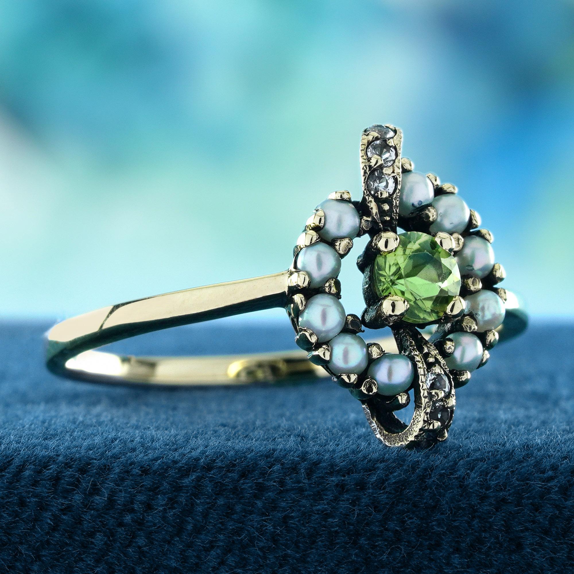 Edwardian Peridot Pearl and White Topaz Vintage Style Ring in Solid 9K Yellow Gold For Sale