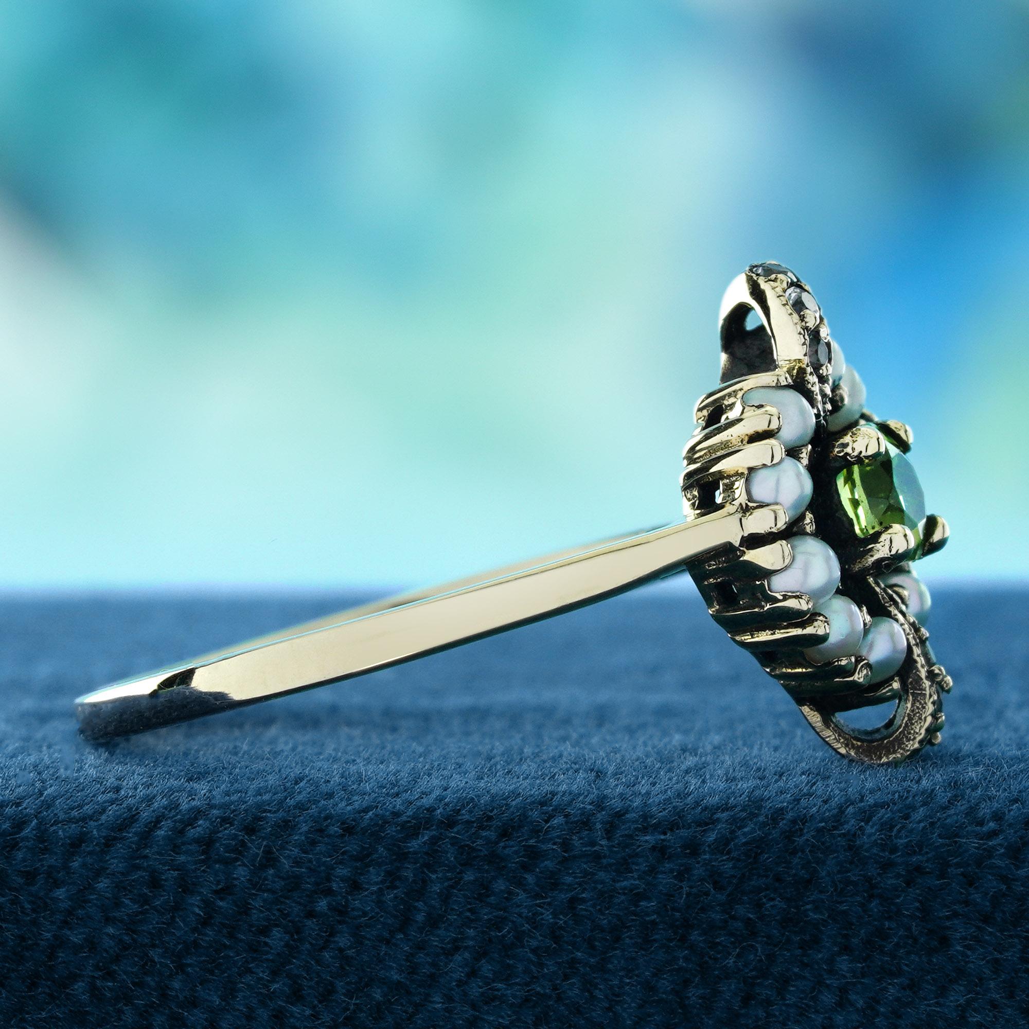 Round Cut Peridot Pearl and White Topaz Vintage Style Ring in Solid 9K Yellow Gold For Sale