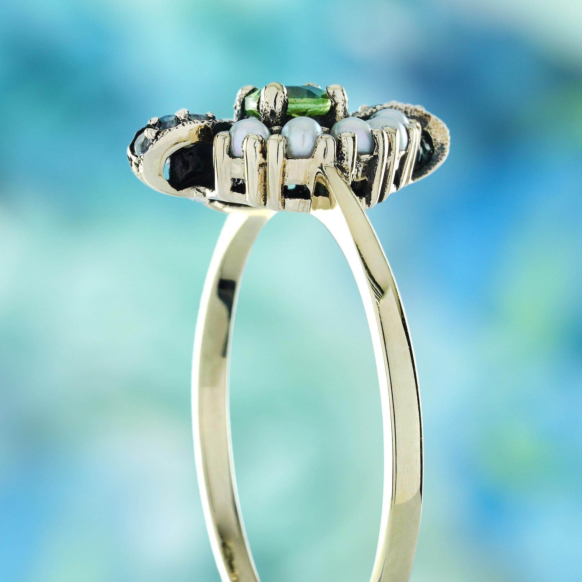 Women's Peridot Pearl and White Topaz Vintage Style Ring in Solid 9K Yellow Gold For Sale