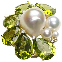 Peridot, Pearl, Diamond and Gold Cluster Ring