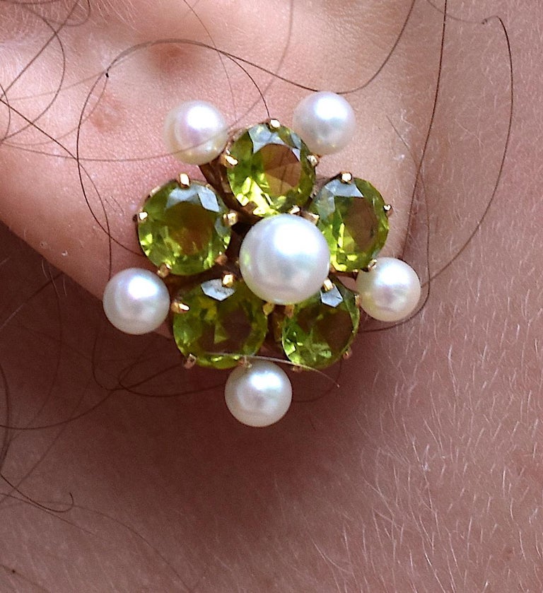 Peridot and Pearl Me Not Earrings Set in Gold, circa 1940 For