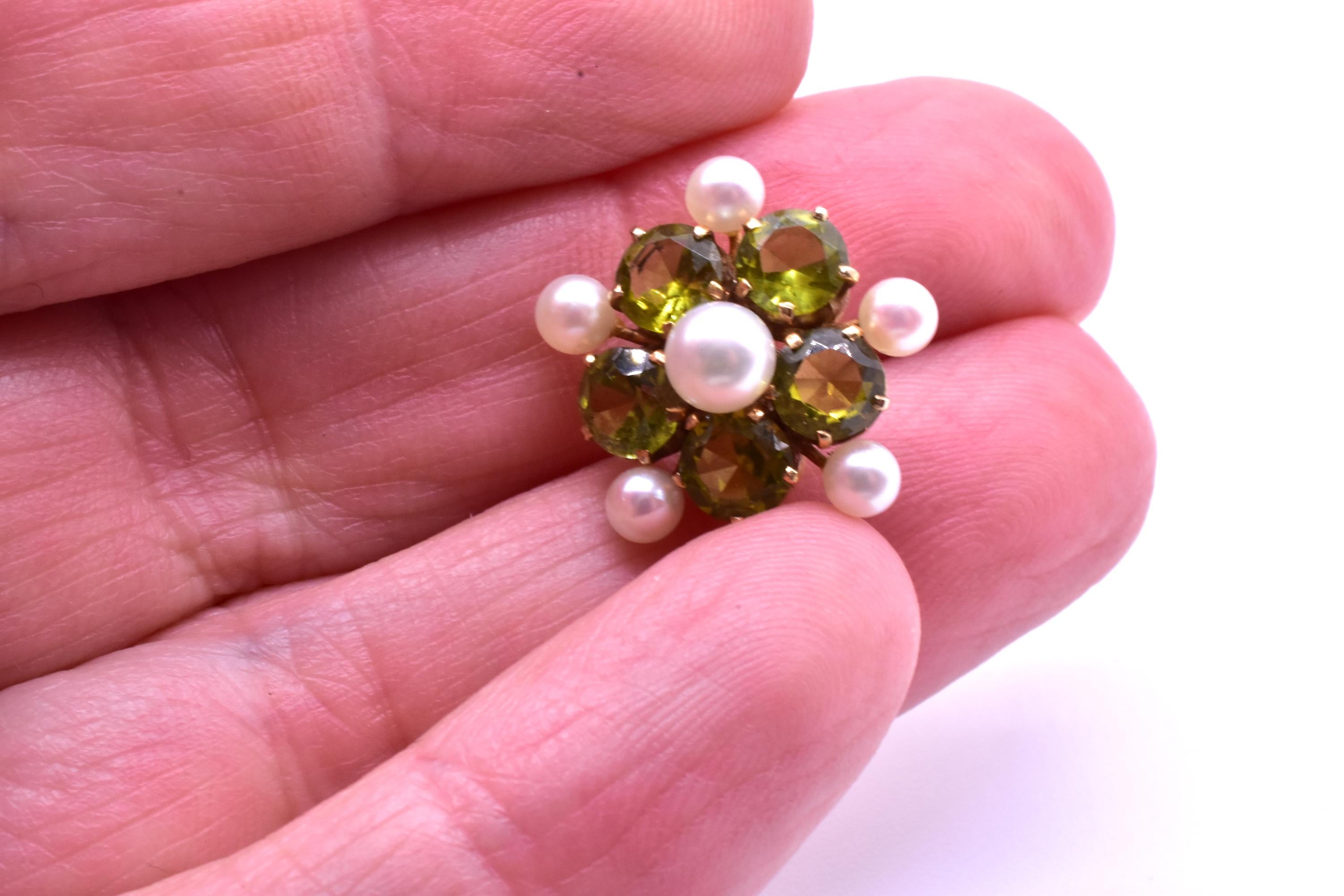 Modern Peridot and Pearl Forget Me Not Earrings Set in Gold, circa 1940