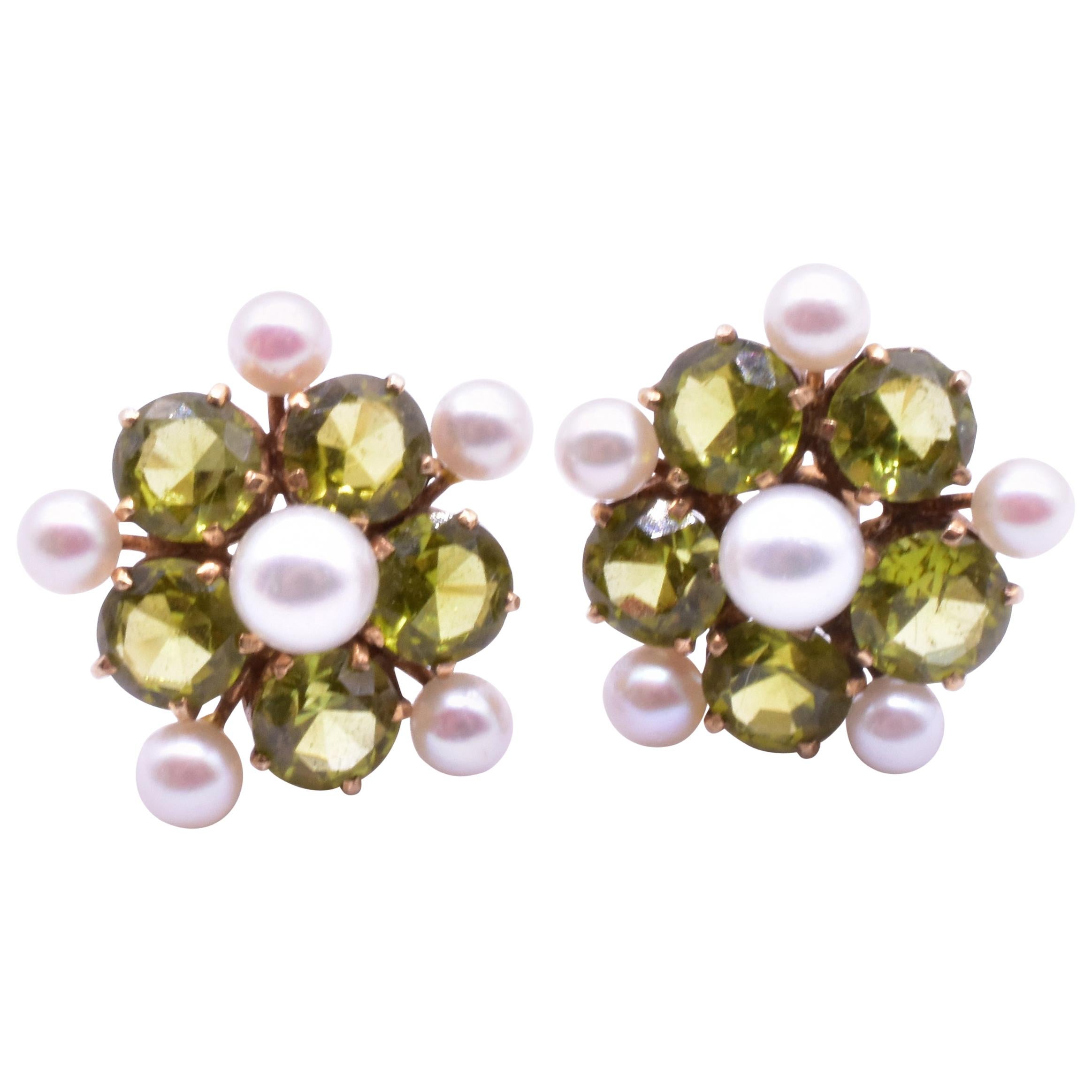 Peridot and Pearl Forget Me Not Earrings Set in Gold, circa 1940