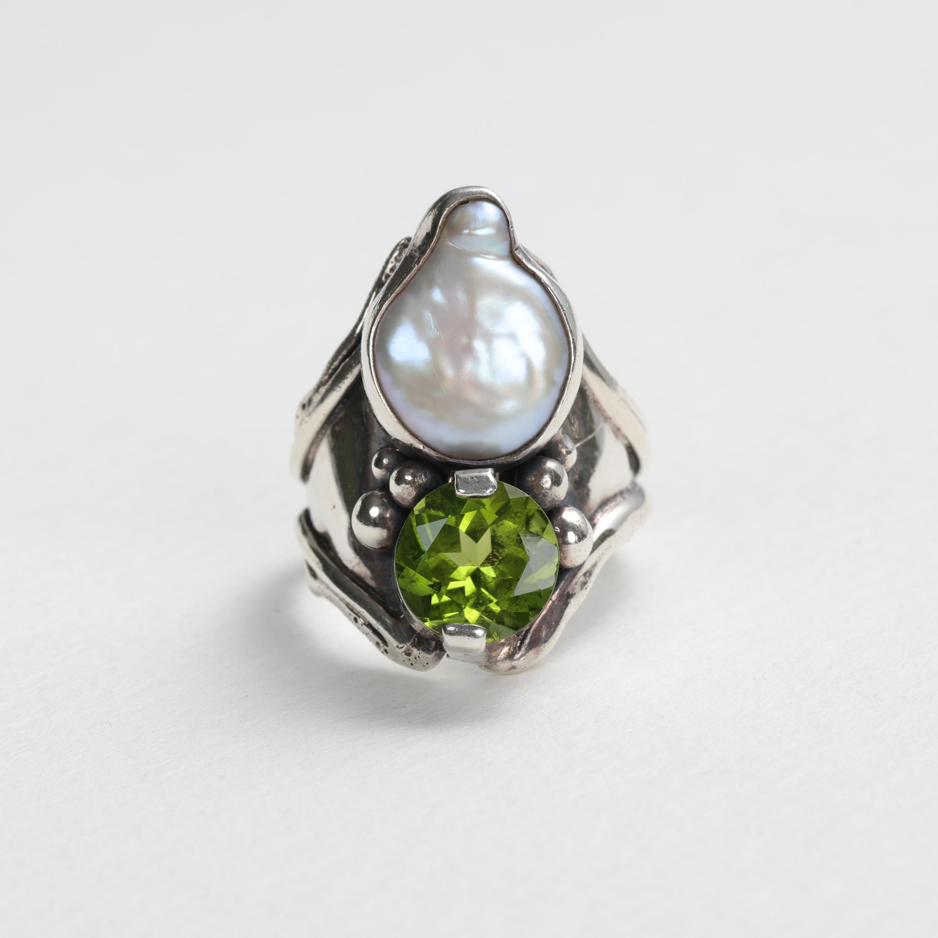 Artisan Peridot, Pearl, Silver Ring, Midcentury For Sale