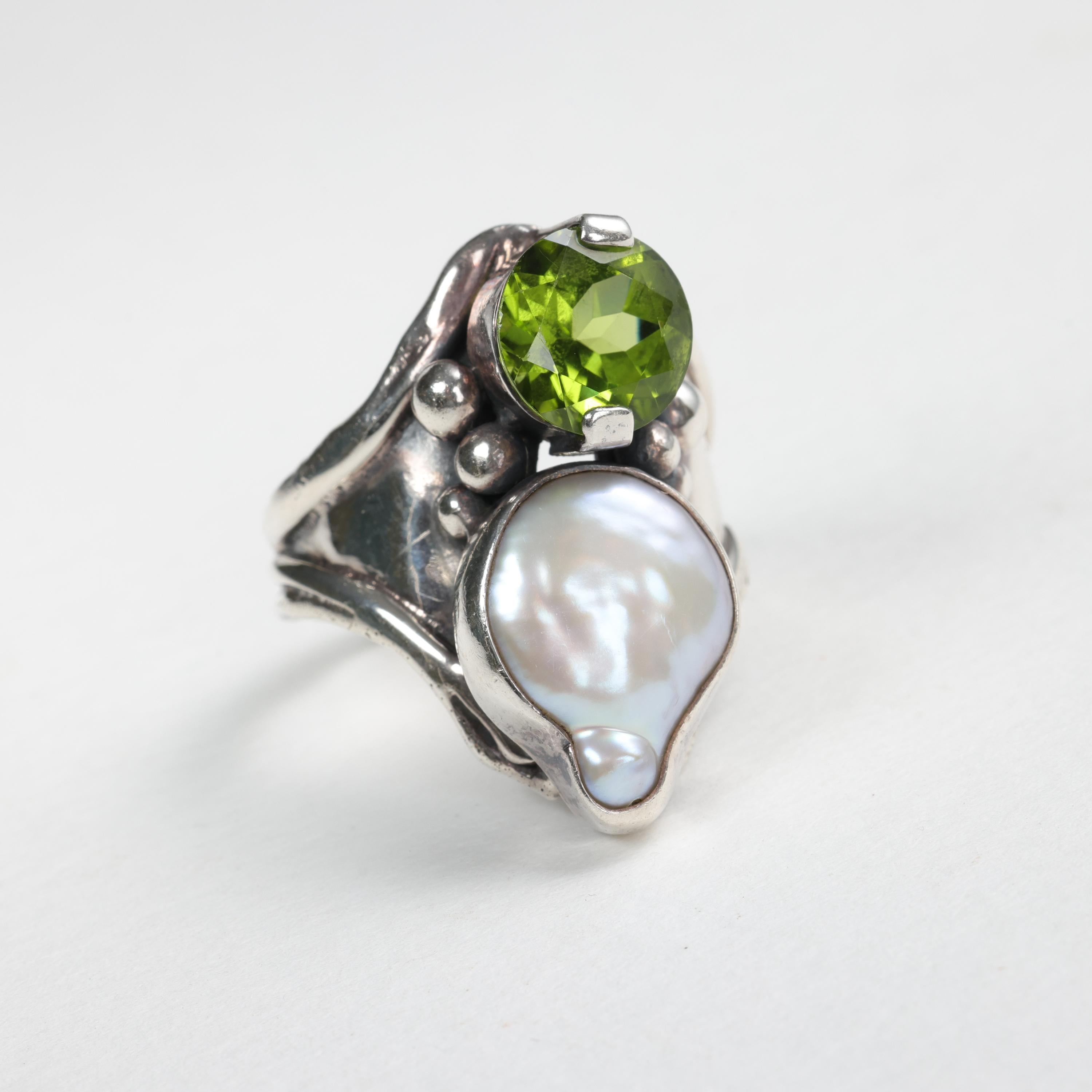 Round Cut Peridot, Pearl, Silver Ring, Midcentury For Sale