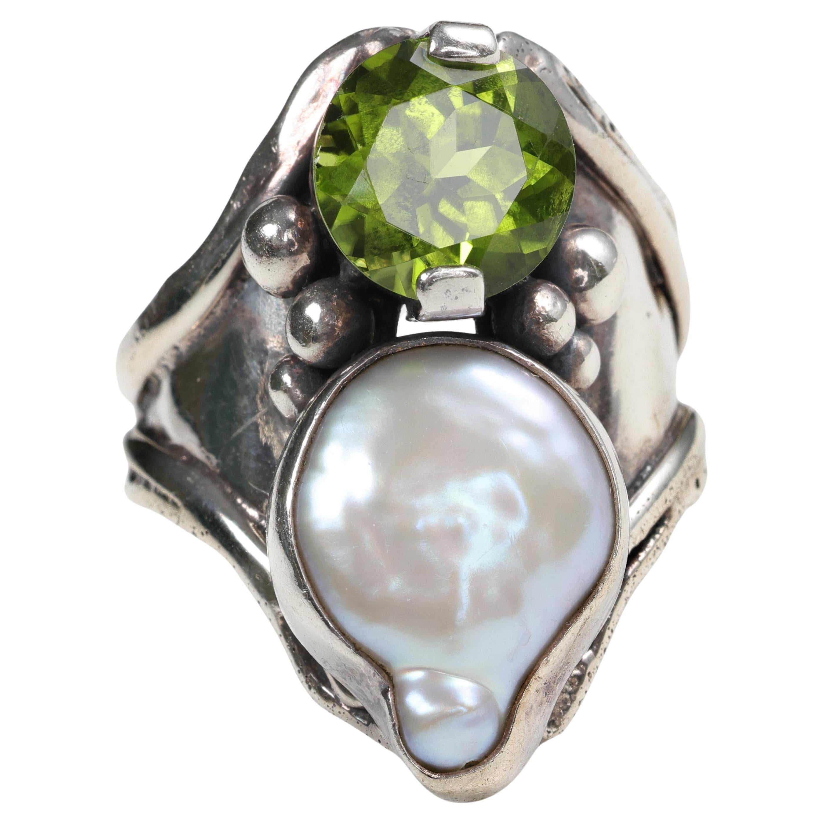 Peridot, Pearl, Silver Ring, Midcentury