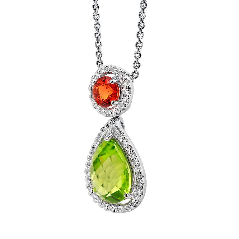 Collar Colgante Peridoto Granate Mandarina Diamantes 2,4 Quilates Oro Blanco 18K Corte pera en venta
