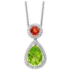 Peridot Pendant Necklace Mandarin Garnet Diamonds 2.4 Carats 18K White Gold