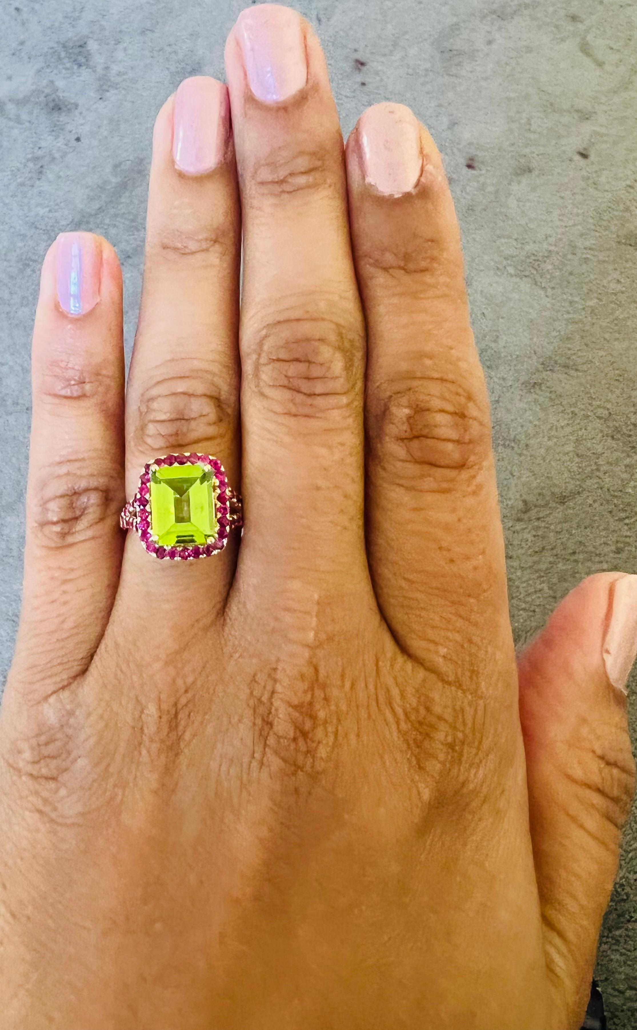Emerald Cut Peridot Pink Sapphire Yellow Gold Cocktail Ring For Sale
