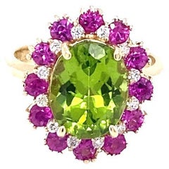 Peridot Pink Sapphire and Diamond 14 Karat Yellow Gold Cluster Ring