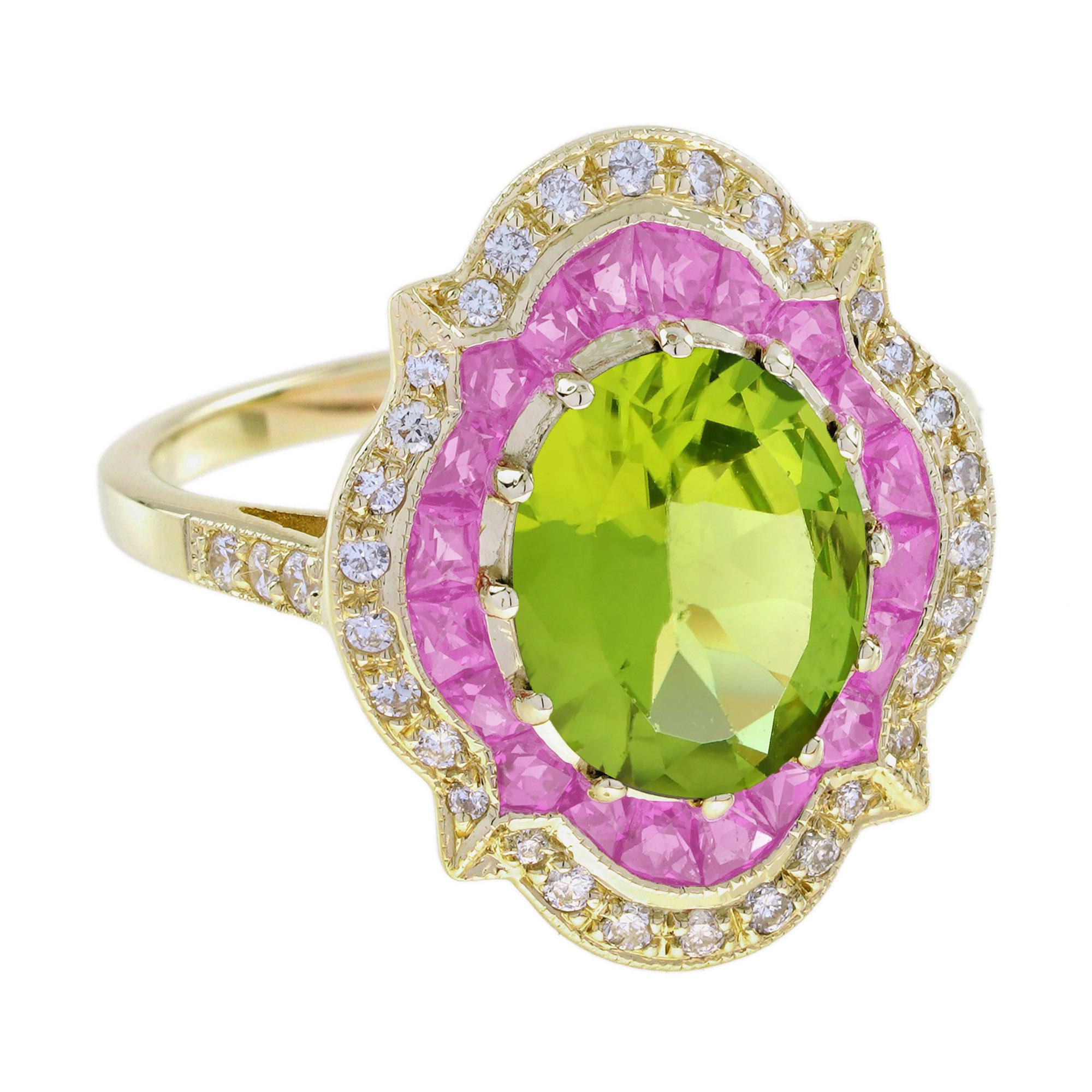 Cette magnifique bague halo de style Art déco met en valeur un péridot ovale vibrant, serti sur une pince pour mettre en valeur son éclat naturel. Il est entouré de saphirs roses taillés à la française et d'un délicat cadre de diamants, créant un