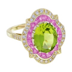 Peridot Pink Sapphire and Diamond Art Deco Style Halo Ring 14 Yellow Gold