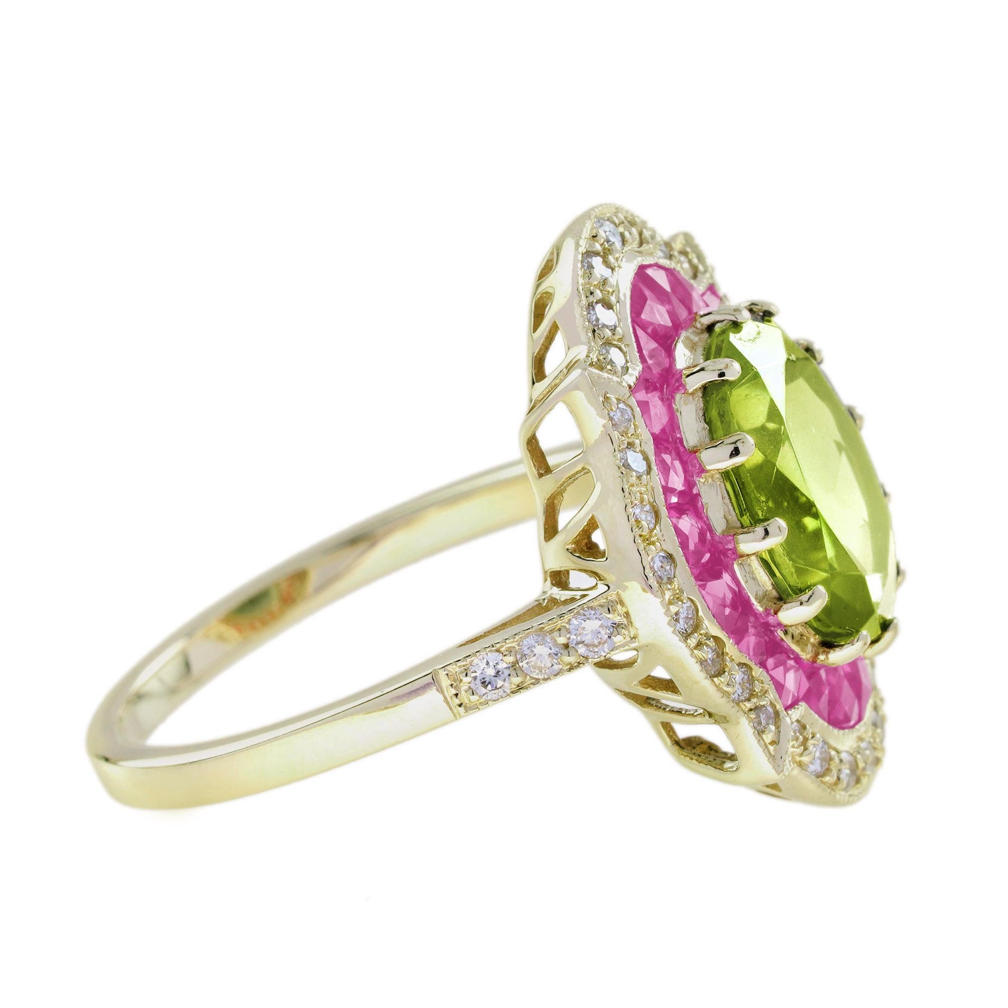 Art déco Bague de style art déco avec péridot, saphir rose et diamant, or jaune 14 ans en vente