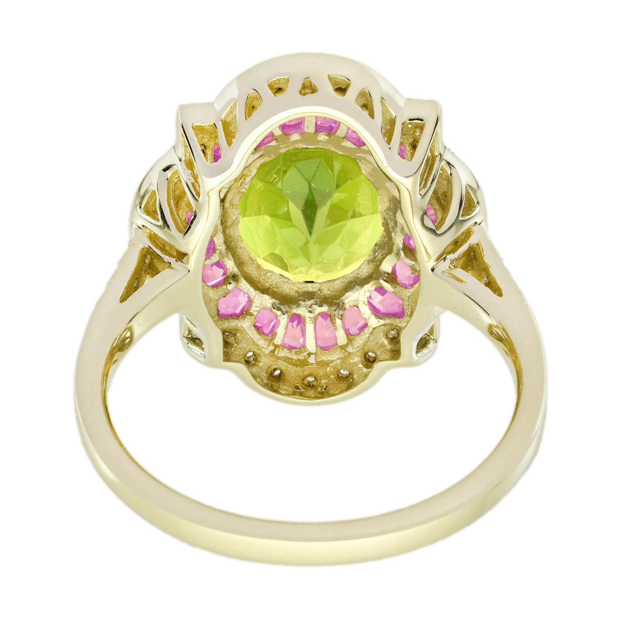 Taille ovale Bague de style art déco avec péridot, saphir rose et diamant, or jaune 14 ans en vente