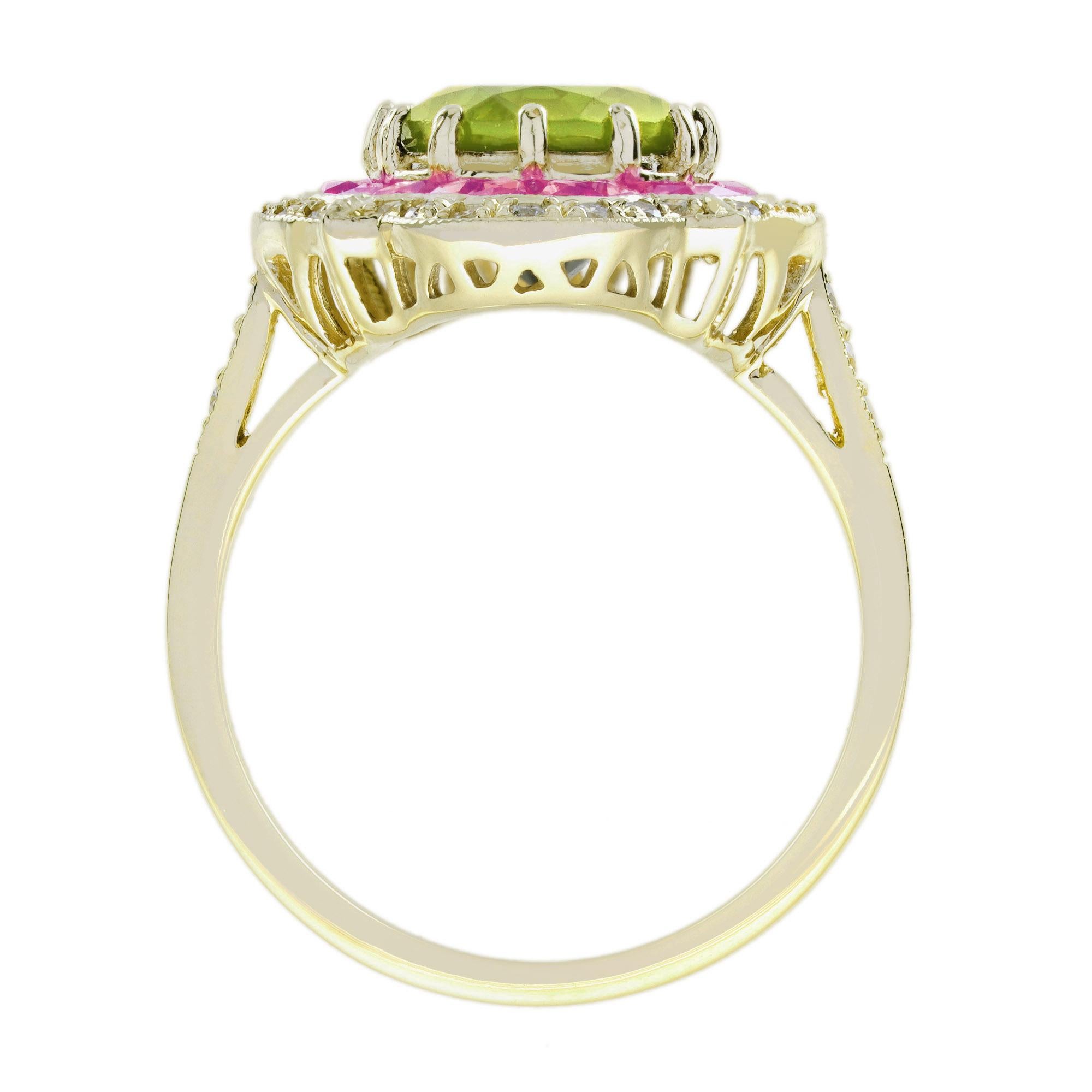 Bague de style art déco avec péridot, saphir rose et diamant, or jaune 14 ans Neuf - En vente à Bangkok, TH