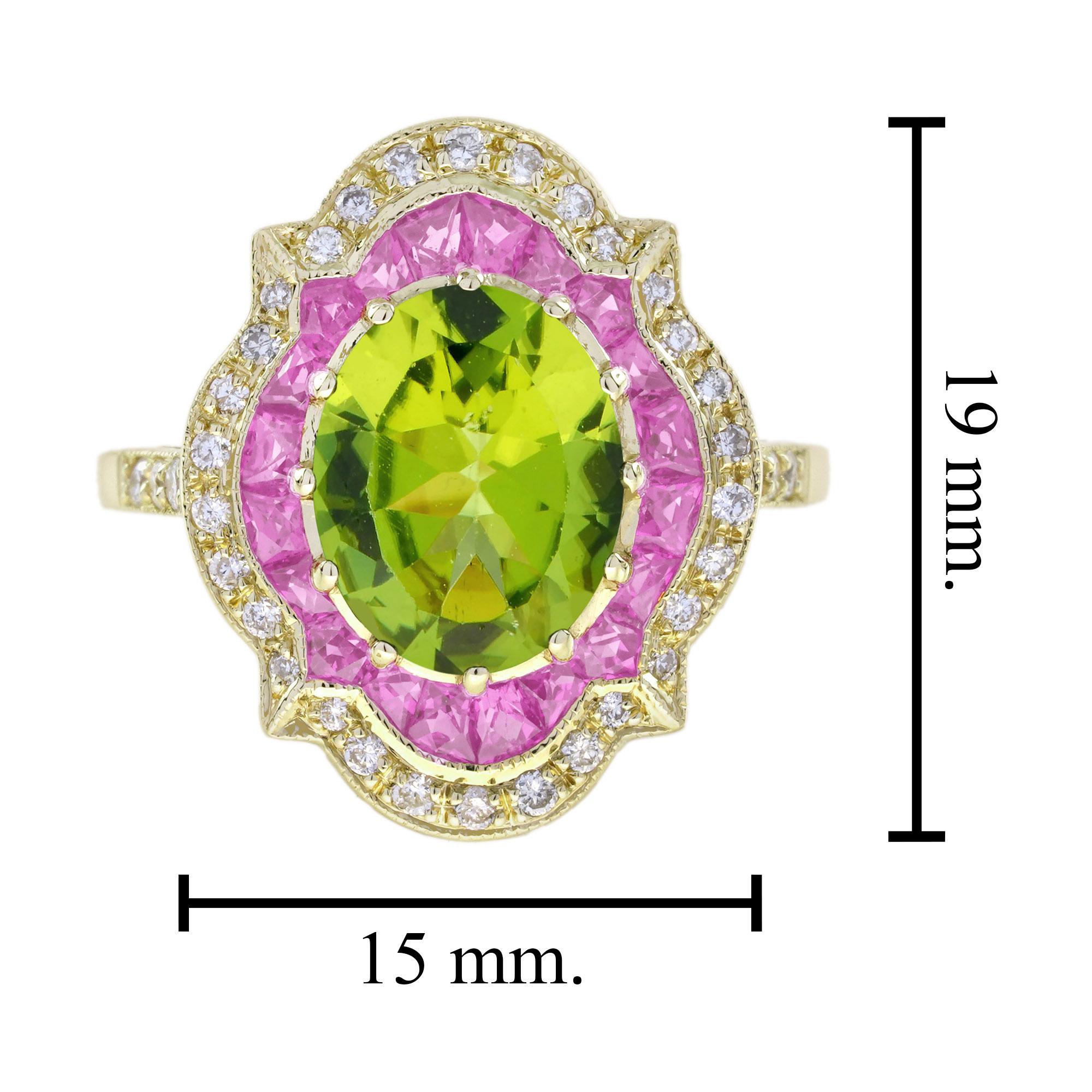 Bague de style art déco avec péridot, saphir rose et diamant, or jaune 14 ans Pour femmes en vente